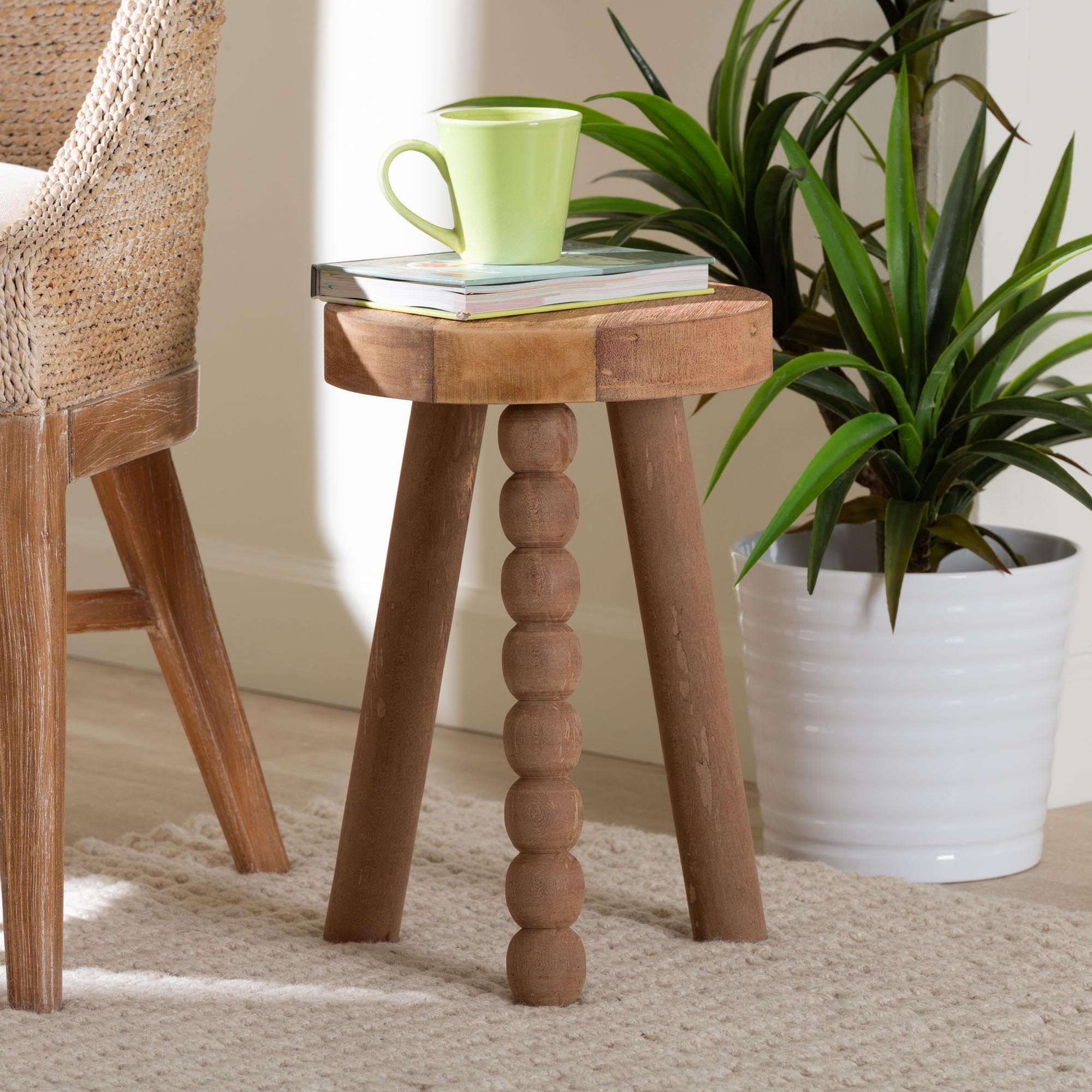 bali & pari Sihu Acacia Wood Multipurpose Accent Stool - Sculptural End Table with Bobbin Tripod Base for Living Room, Bedroom or Dining Room