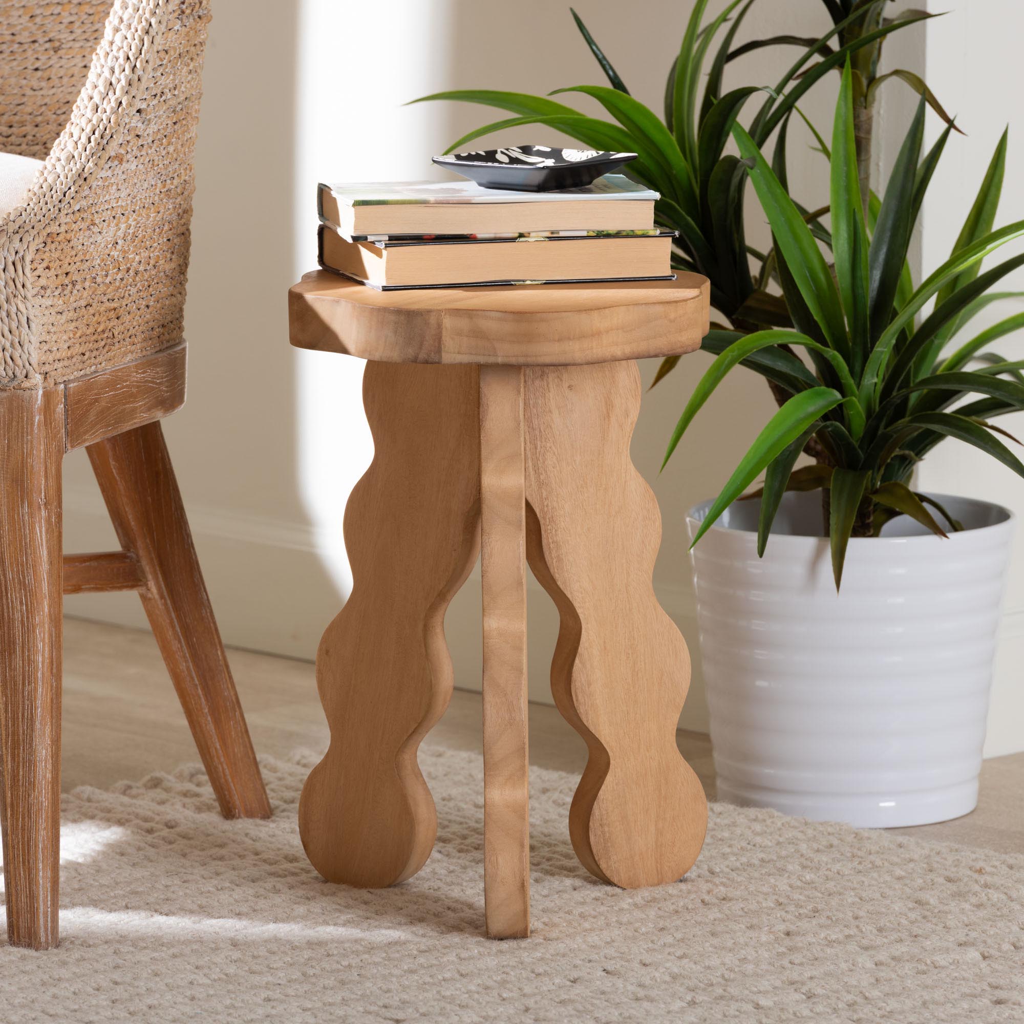 bali & pari Sino Acacia Wood Multipurpose Accent Stool - Sculptural End Table with Wavy Tripod Base for Living Room, Bedroom or Dining Room