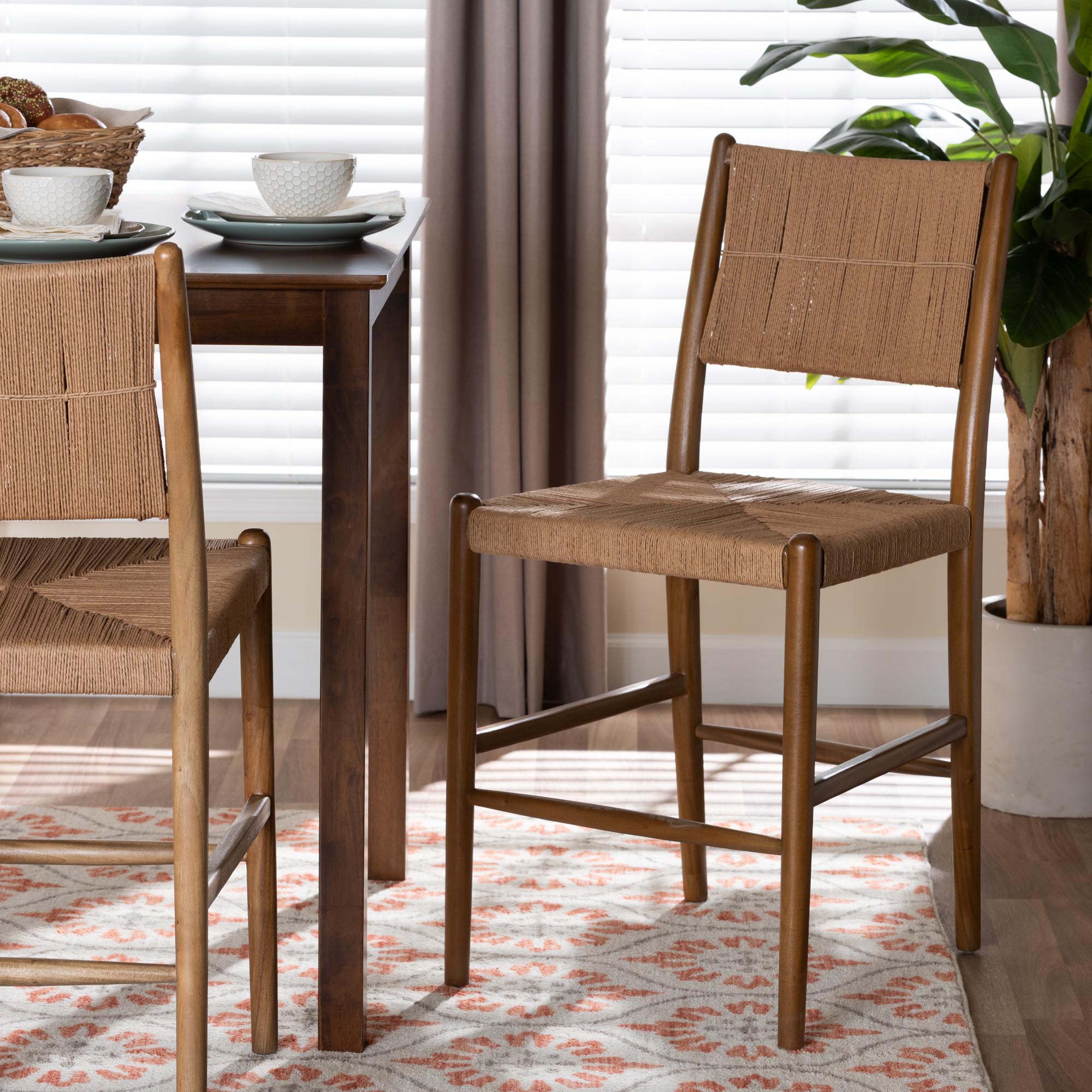 bali & pari Alva Paper Loom Woven Counter Stool - Handwoven Accent Stool with Mahogany Wood Frame for Kitchen Island or Lounge