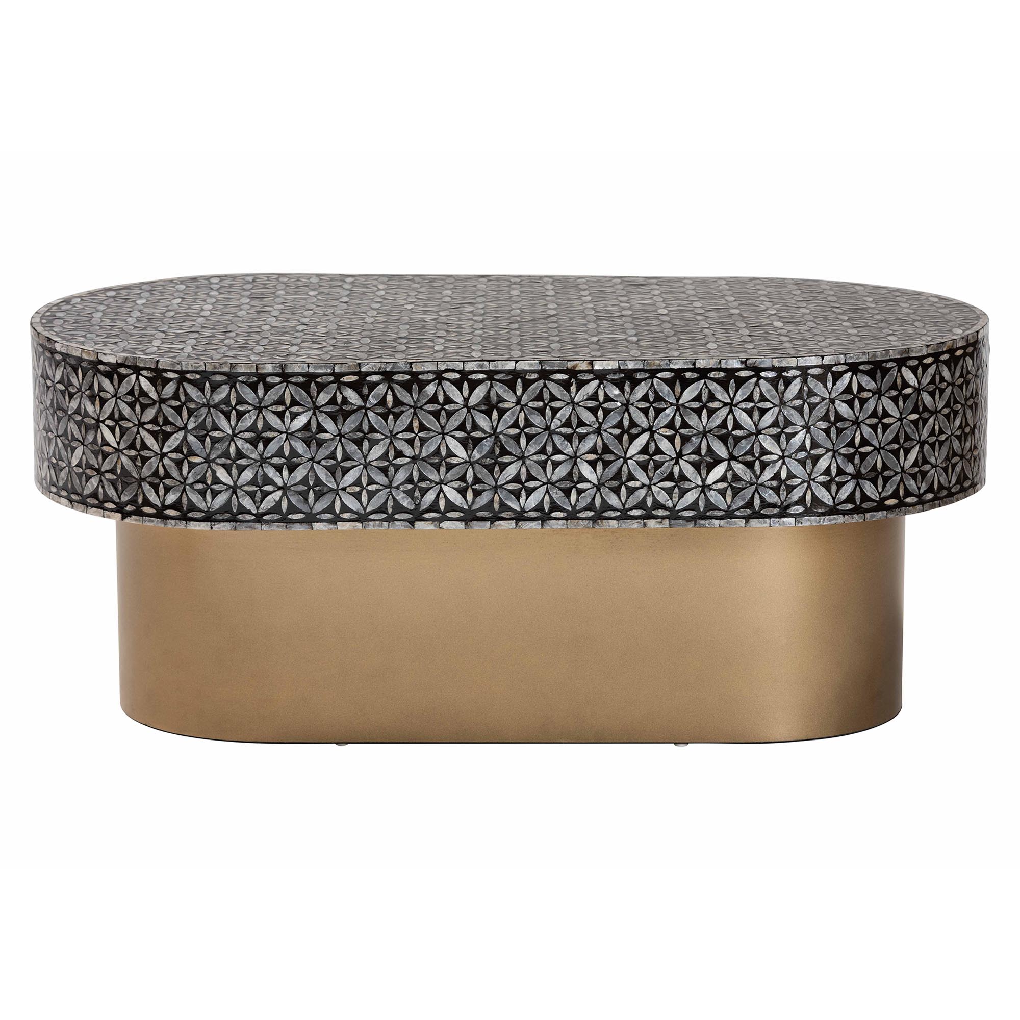 bali & pari Emery Capiz Shell Coffee Table - Mother of Pearl Oval Accent Table with Geometric Pattern and Pedestal Base for Living Room or Lounge Space