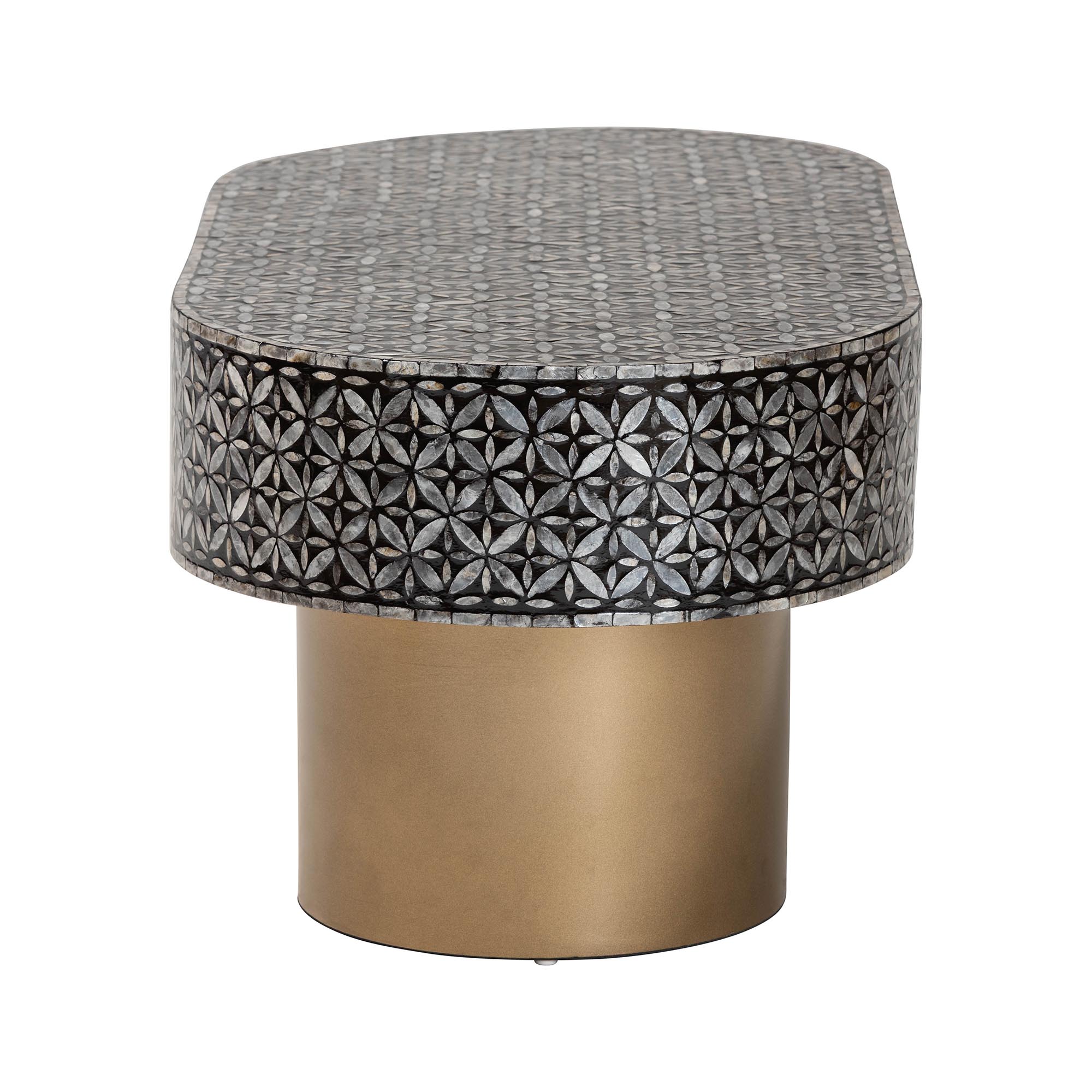 bali & pari Emery Capiz Shell Coffee Table - Mother of Pearl Oval Accent Table with Geometric Pattern and Pedestal Base for Living Room or Lounge Space