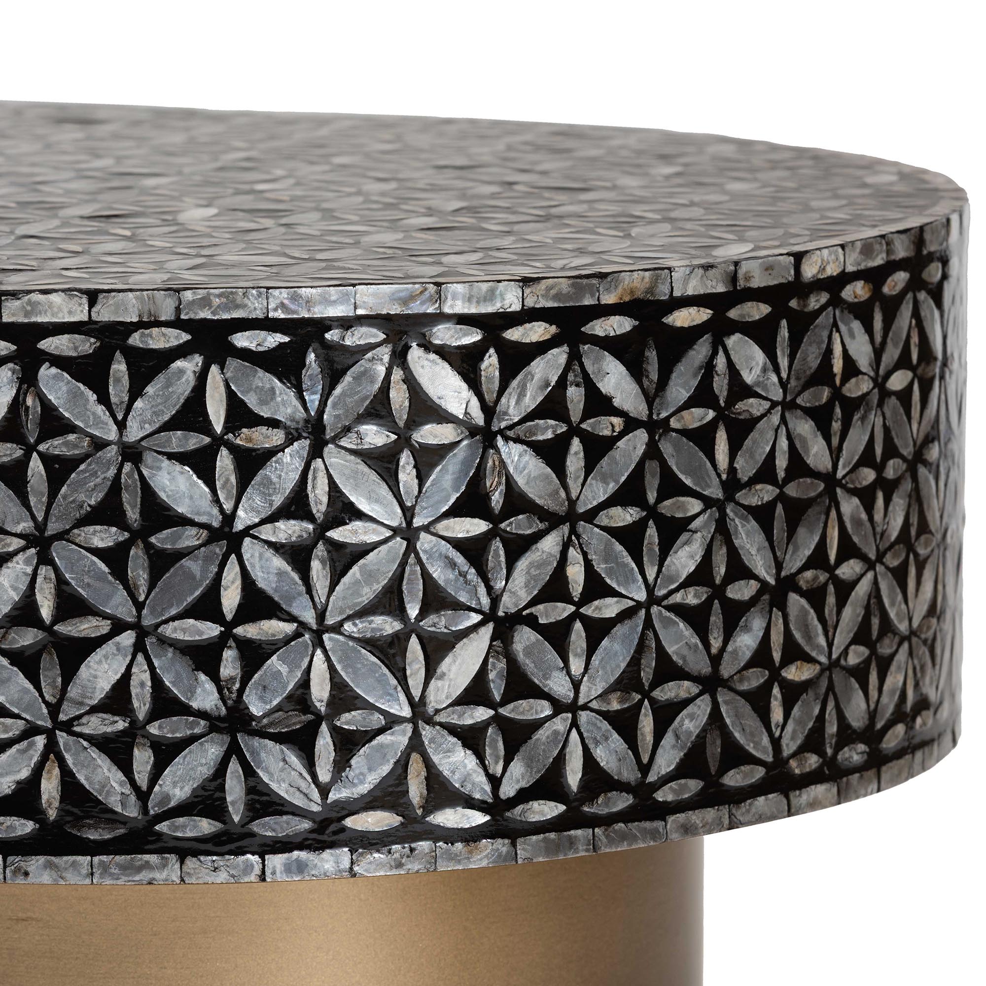 bali & pari Emery Capiz Shell Coffee Table - Mother of Pearl Oval Accent Table with Geometric Pattern and Pedestal Base for Living Room or Lounge Space