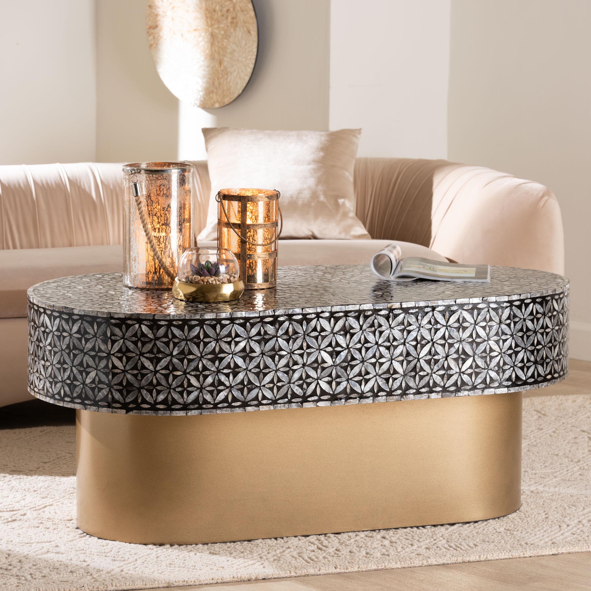 bali & pari Emery Capiz Shell Coffee Table - Mother of Pearl Oval Accent Table with Geometric Pattern and Pedestal Base for Living Room or Lounge Space