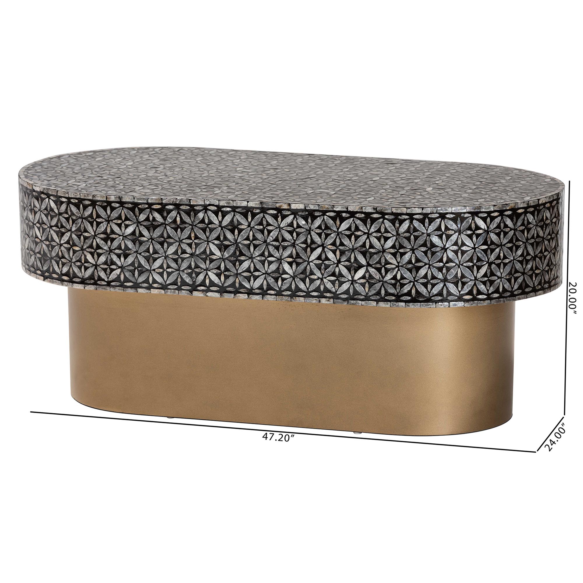 bali & pari Emery Capiz Shell Coffee Table - Mother of Pearl Oval Accent Table with Geometric Pattern and Pedestal Base for Living Room or Lounge Space