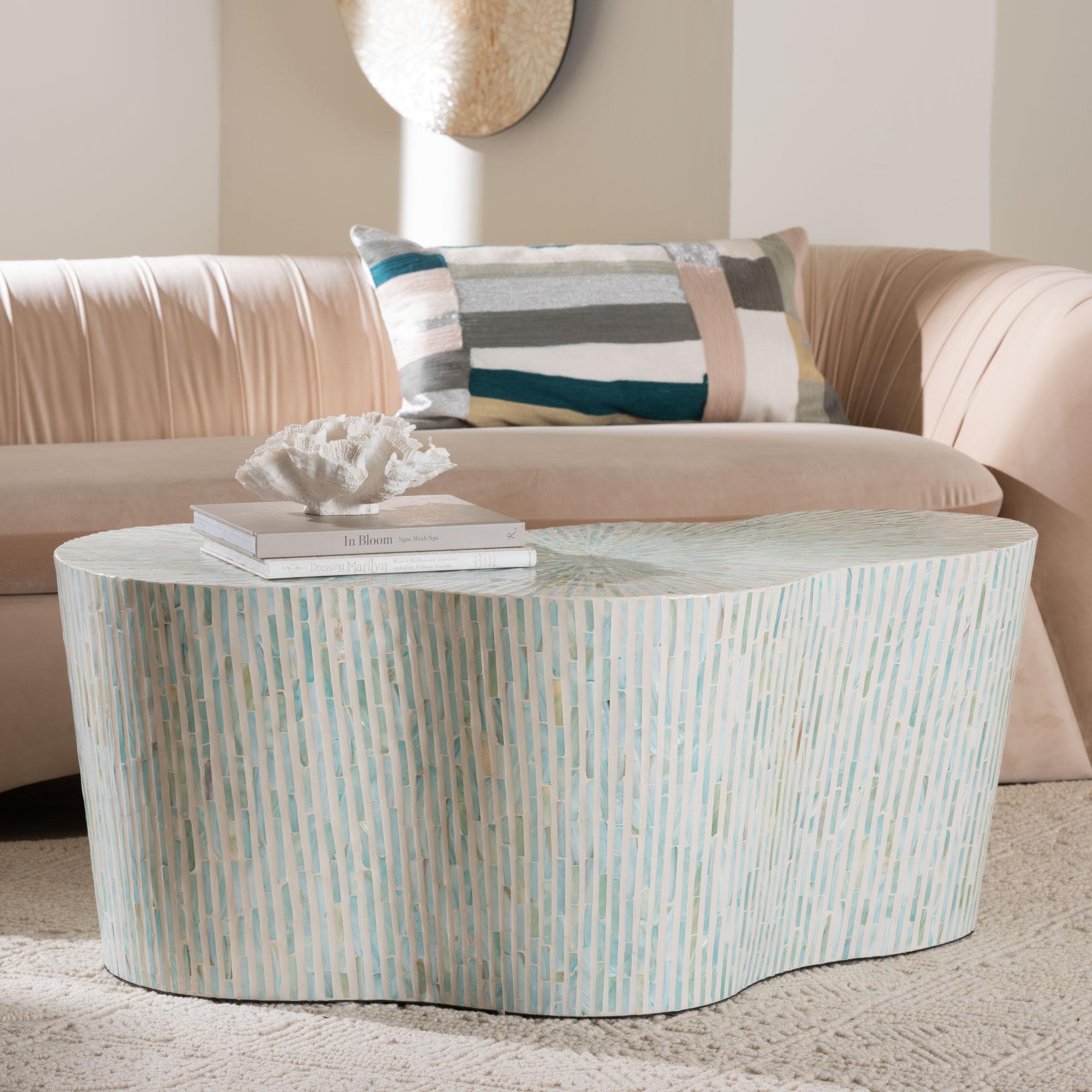 bali & pari Fiorella Capiz Shell Coffee Table - Mother of Pearl Irregular Shape Accent Table with Textured Inlay Surface for Living Room or Lounge Space