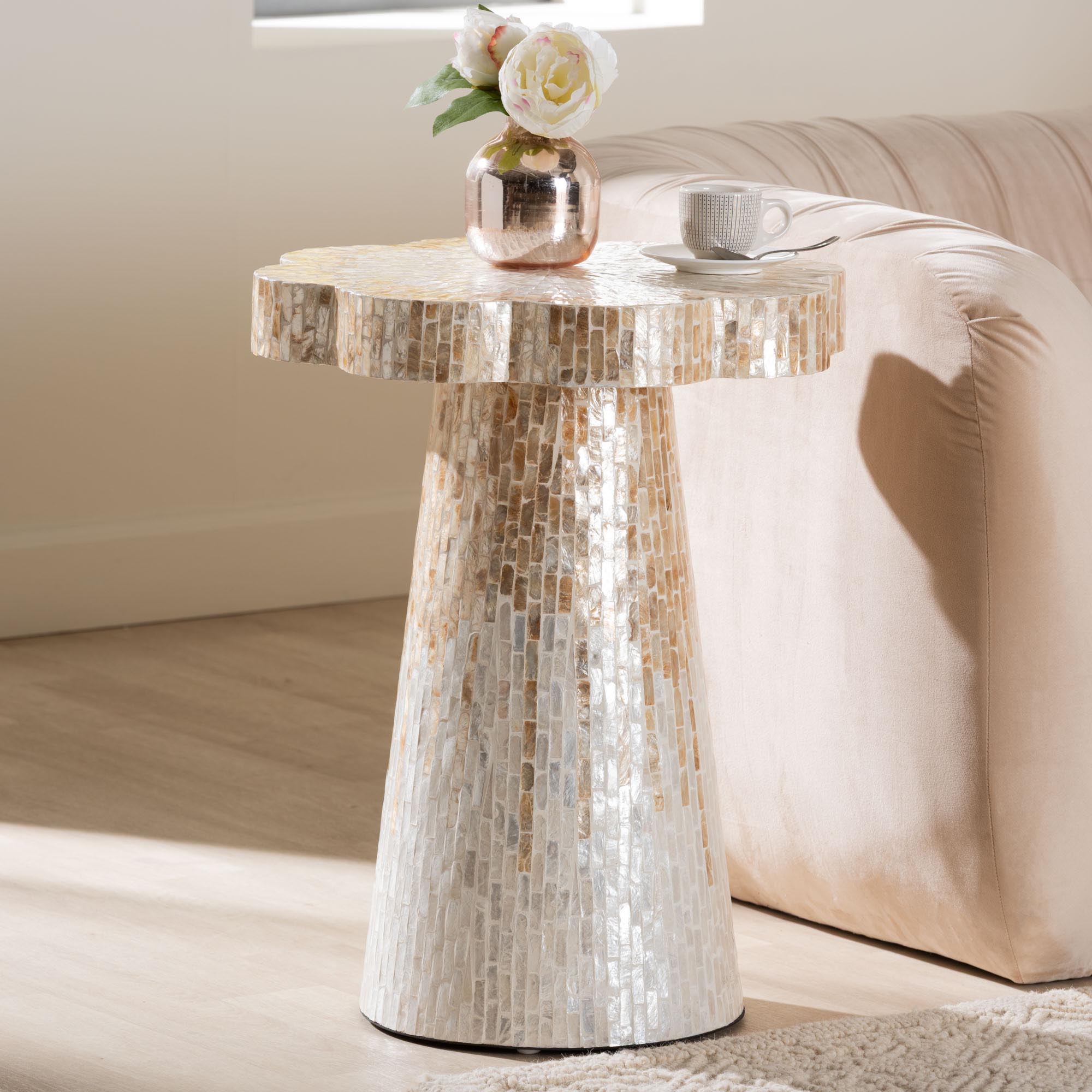 bali & pari Beile Capiz Shell Pedestal End Table - Mother of Pearl Scalloped Accent Table with Textured Inlay Surface for Living Room or Lounge Space