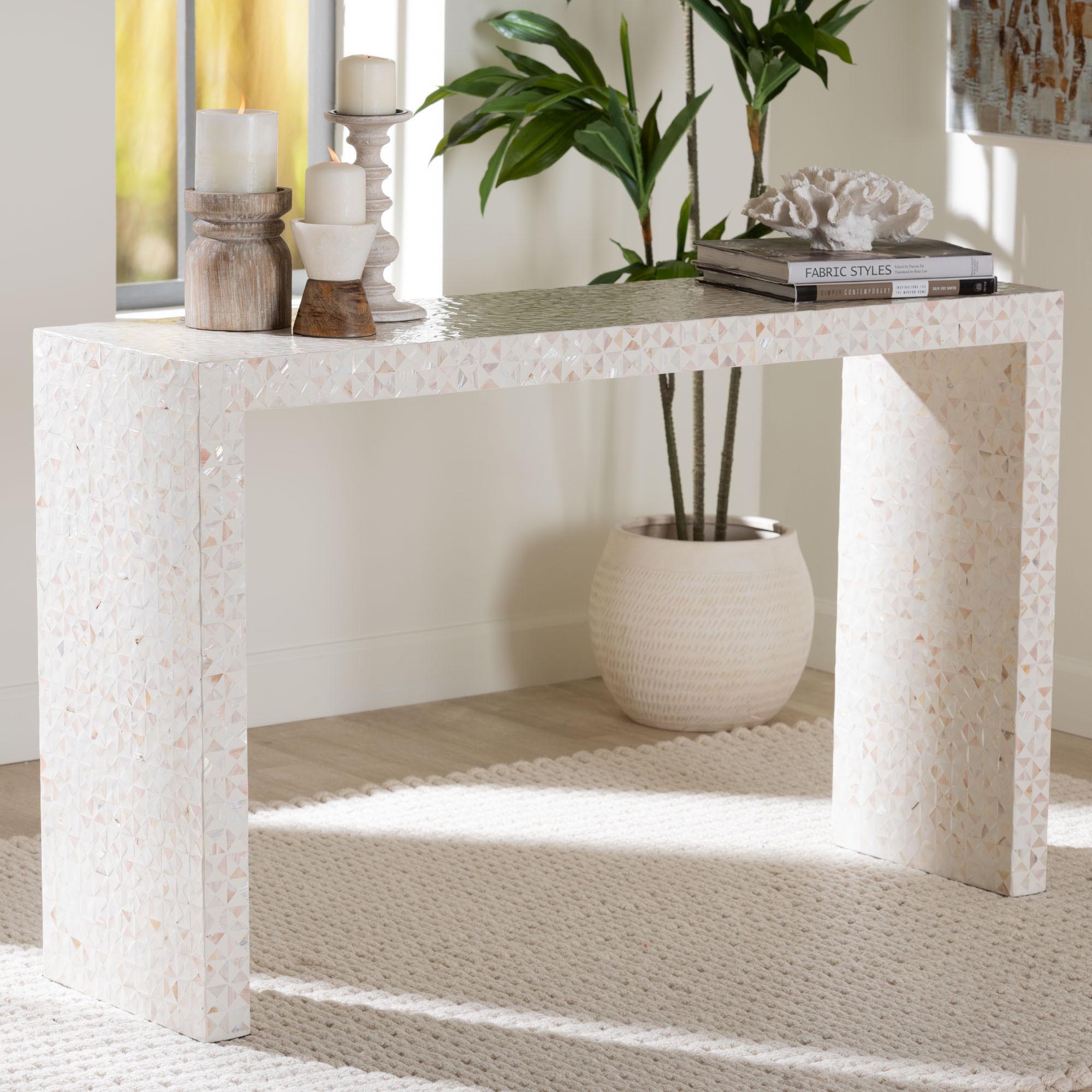 bali & pari Magara Capiz Shell Console Table - Mother of Pearl Waterfall Accent Table with Textured Inlay Surface for Living Room, Hallway or Entryway