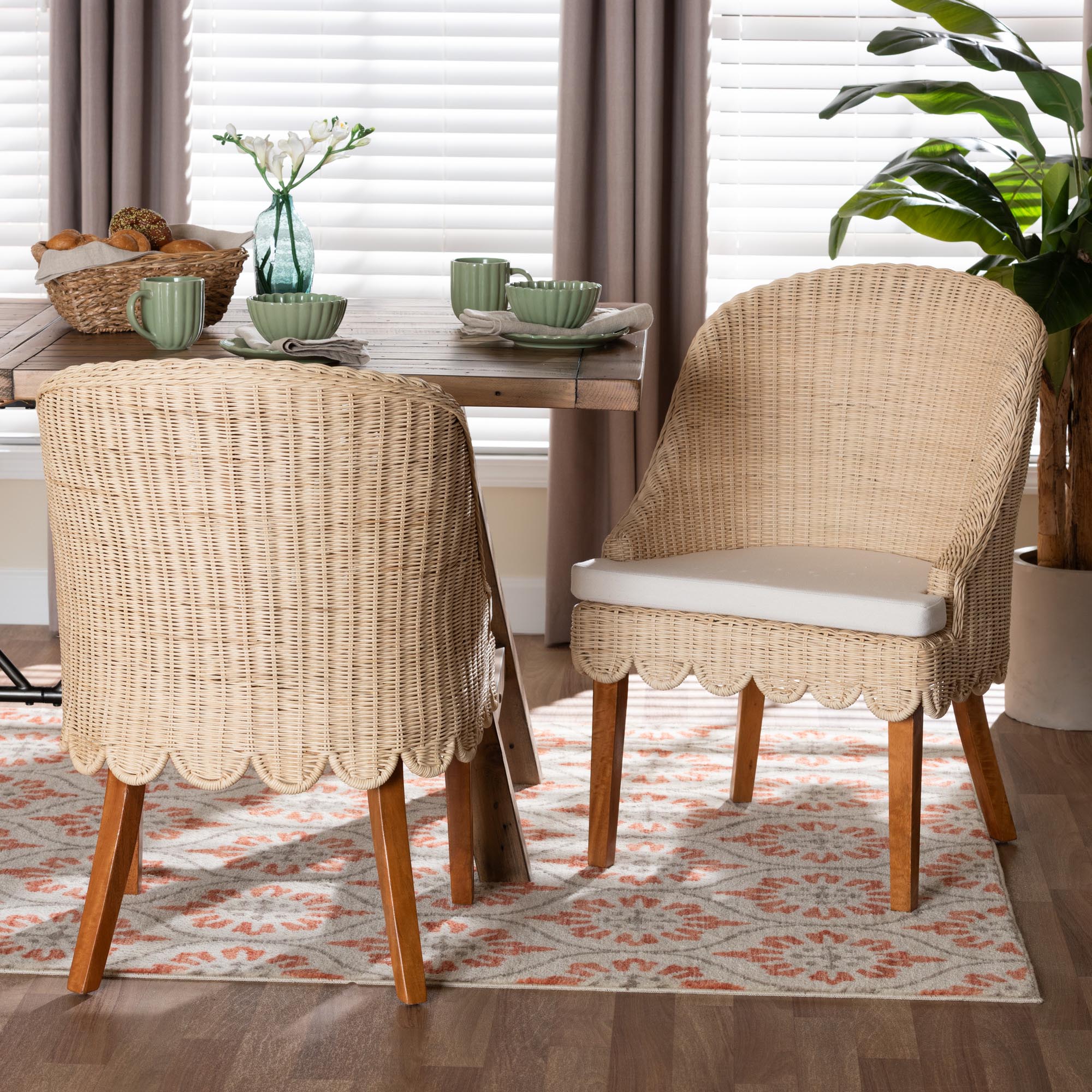 bali & pari Mabel Natural Rattan 2-Piece Dining Chair Set - Handwoven Wicker Accent Chair with Wingback Frame and Seat Cushion for Kitchen or Dining Room