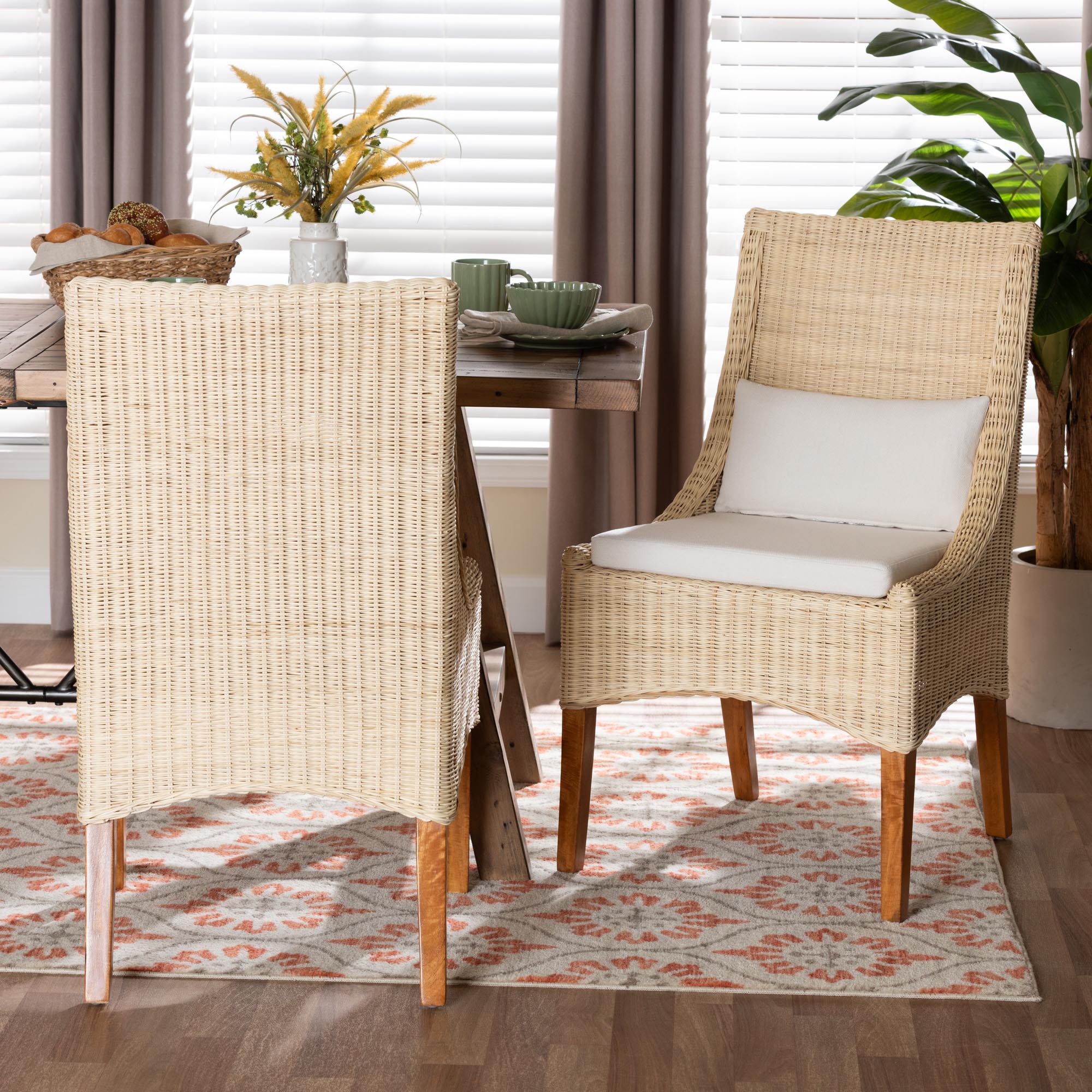 bali & pari Haybourne Natural Rattan 2-Piece Dining Chair Set - Handwoven Wicker Accent Seating with Wingback Frame for Kitchen or Dining Room