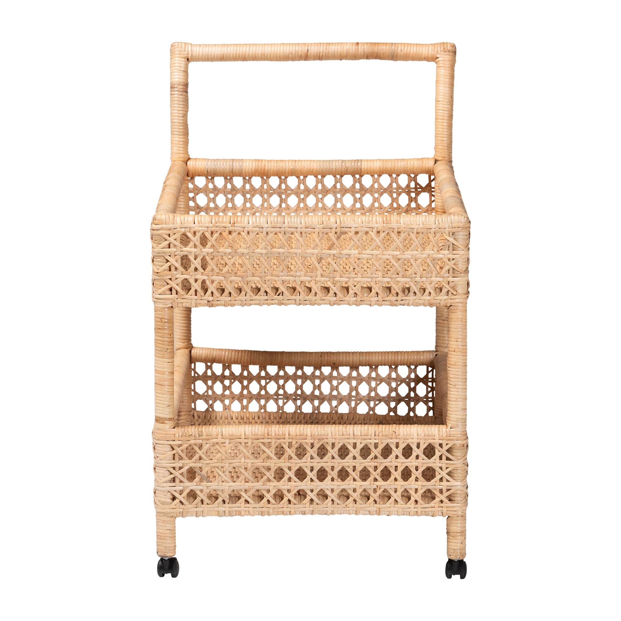 bali & pari Alaina Natural Rattan Kitchen Cart - 2-Tier Handwoven Wicker Storage Trolley with Handle for Kitchen or Lounge