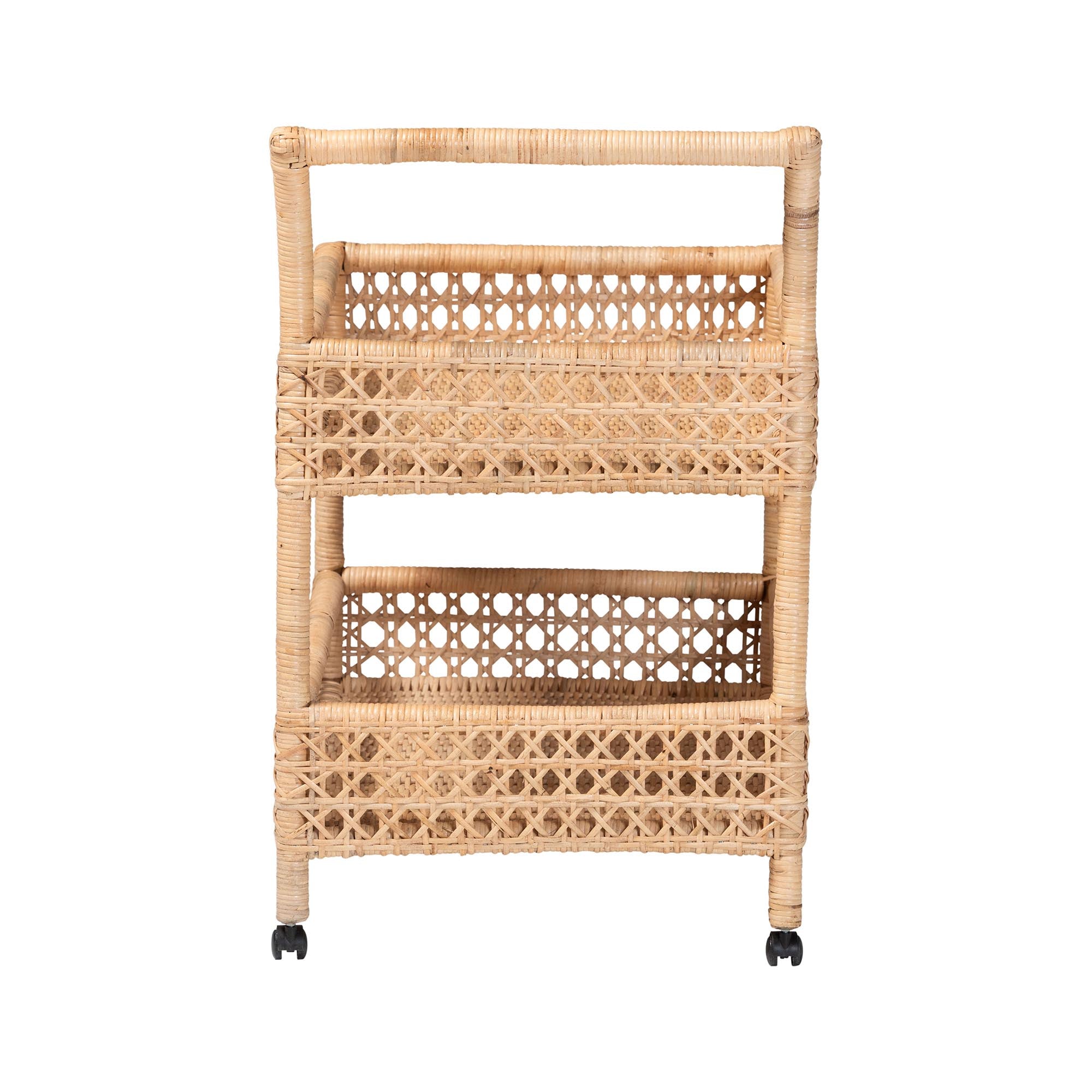 bali & pari Alaina Natural Rattan Kitchen Cart - 2-Tier Handwoven Wicker Storage Trolley with Handle for Kitchen or Lounge