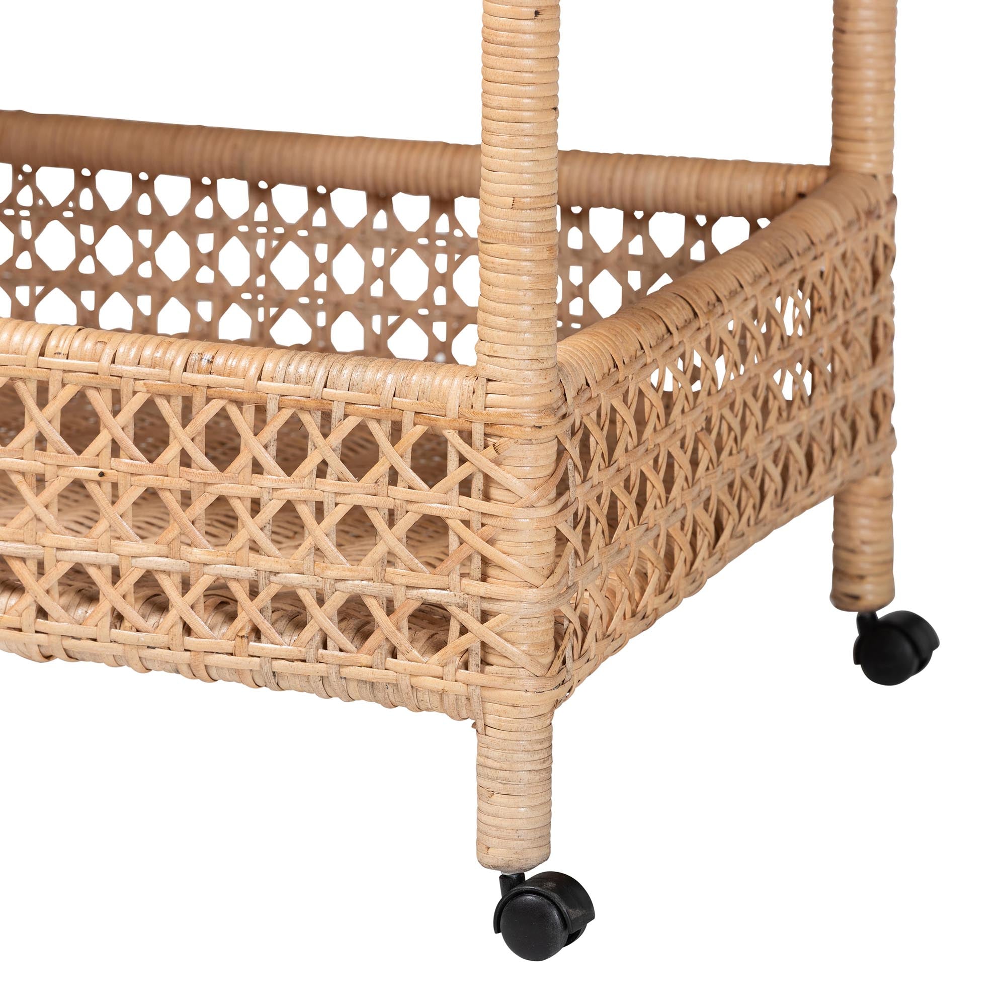 bali & pari Alaina Natural Rattan Kitchen Cart - 2-Tier Handwoven Wicker Storage Trolley with Handle for Kitchen or Lounge