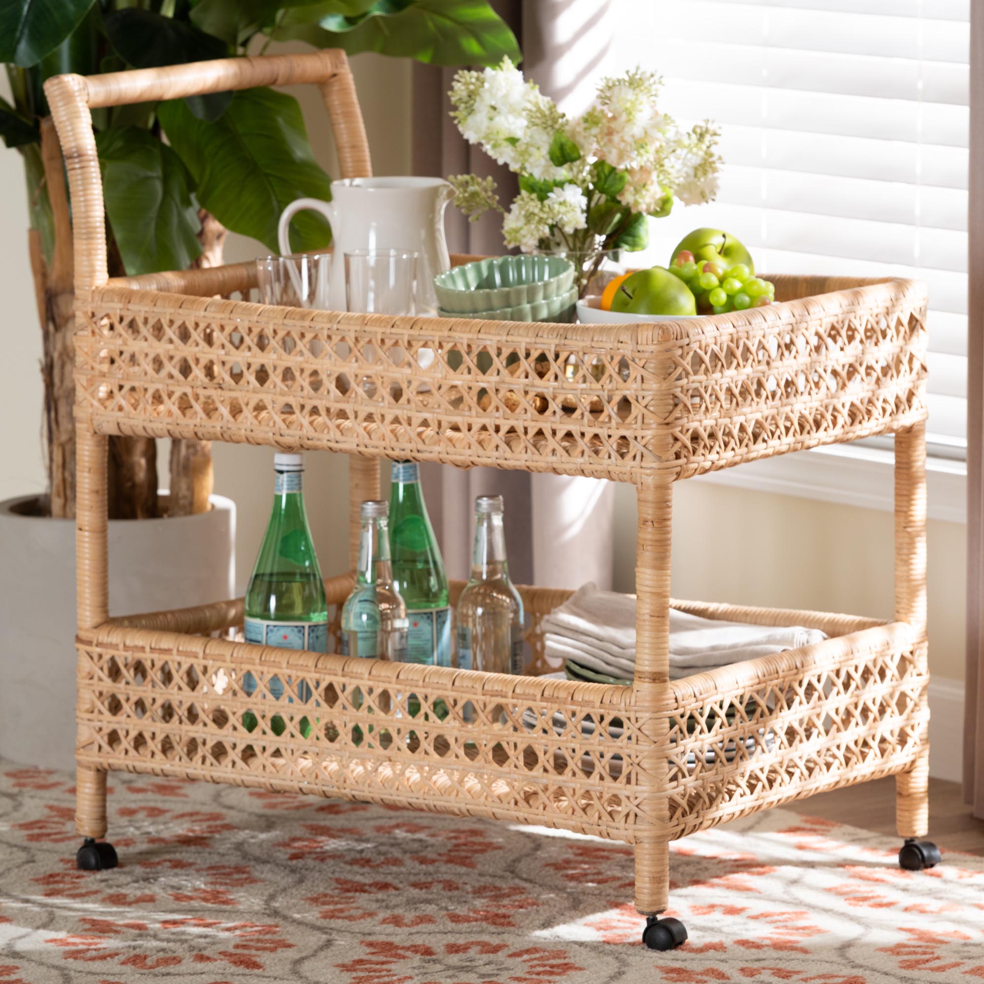 bali & pari Alaina Natural Rattan Kitchen Cart - 2-Tier Handwoven Wicker Storage Trolley with Handle for Kitchen or Lounge