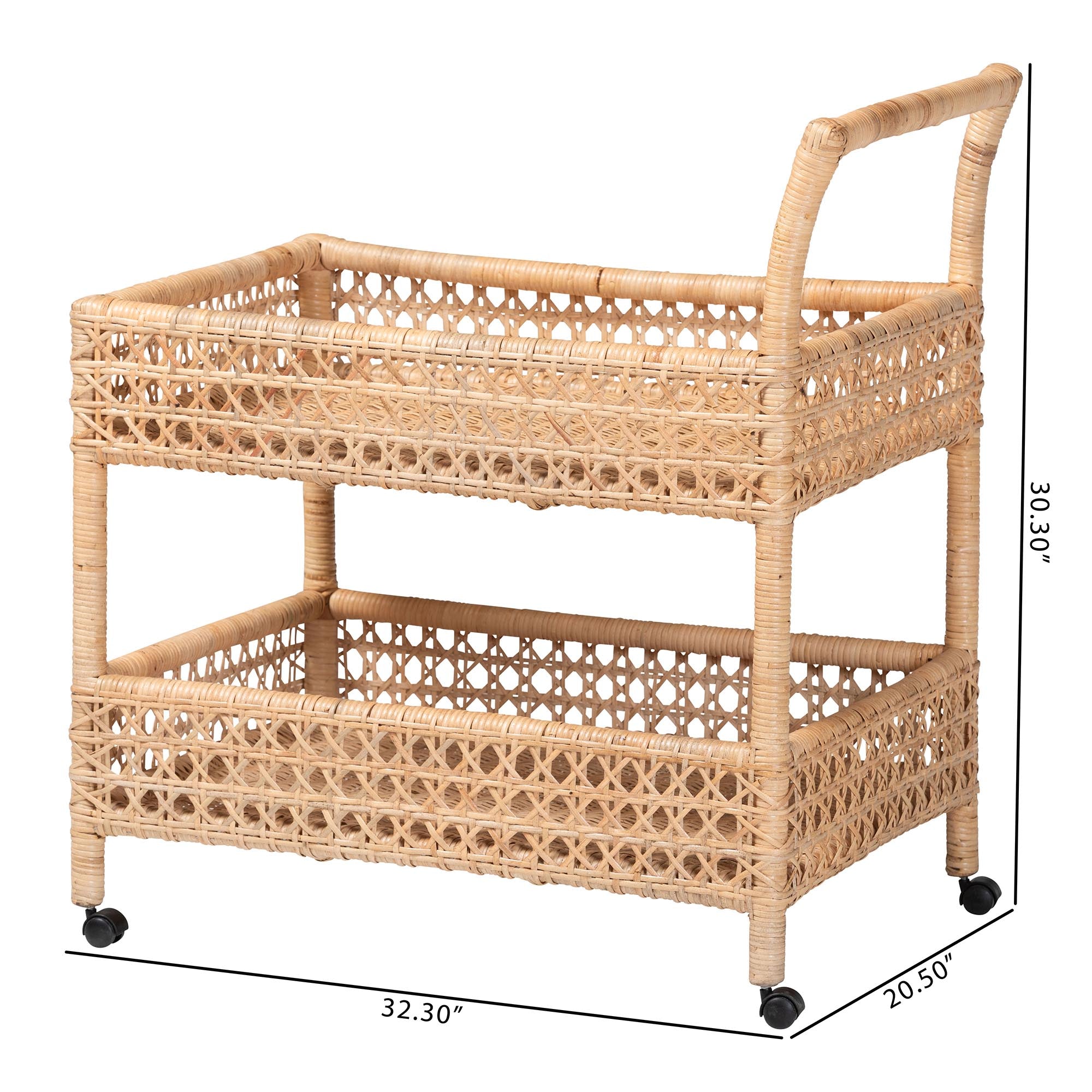 bali & pari Alaina Natural Rattan Kitchen Cart - 2-Tier Handwoven Wicker Storage Trolley with Handle for Kitchen or Lounge