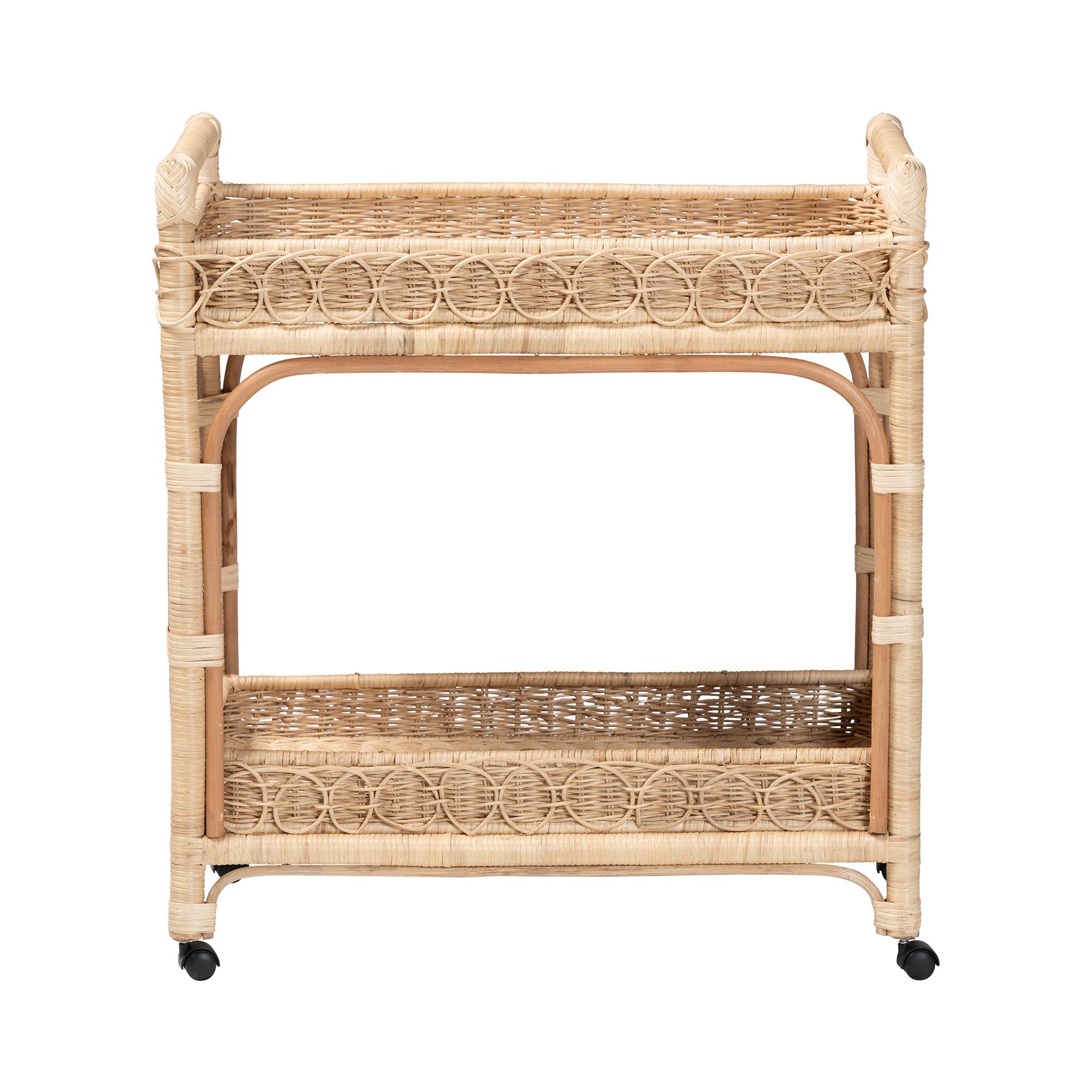 bali & pari Carole Natural Rattan Kitchen Cart - 2-Tier Handwoven Wicker Storage Trolley with Raised Borders for Kitchen or Lounge