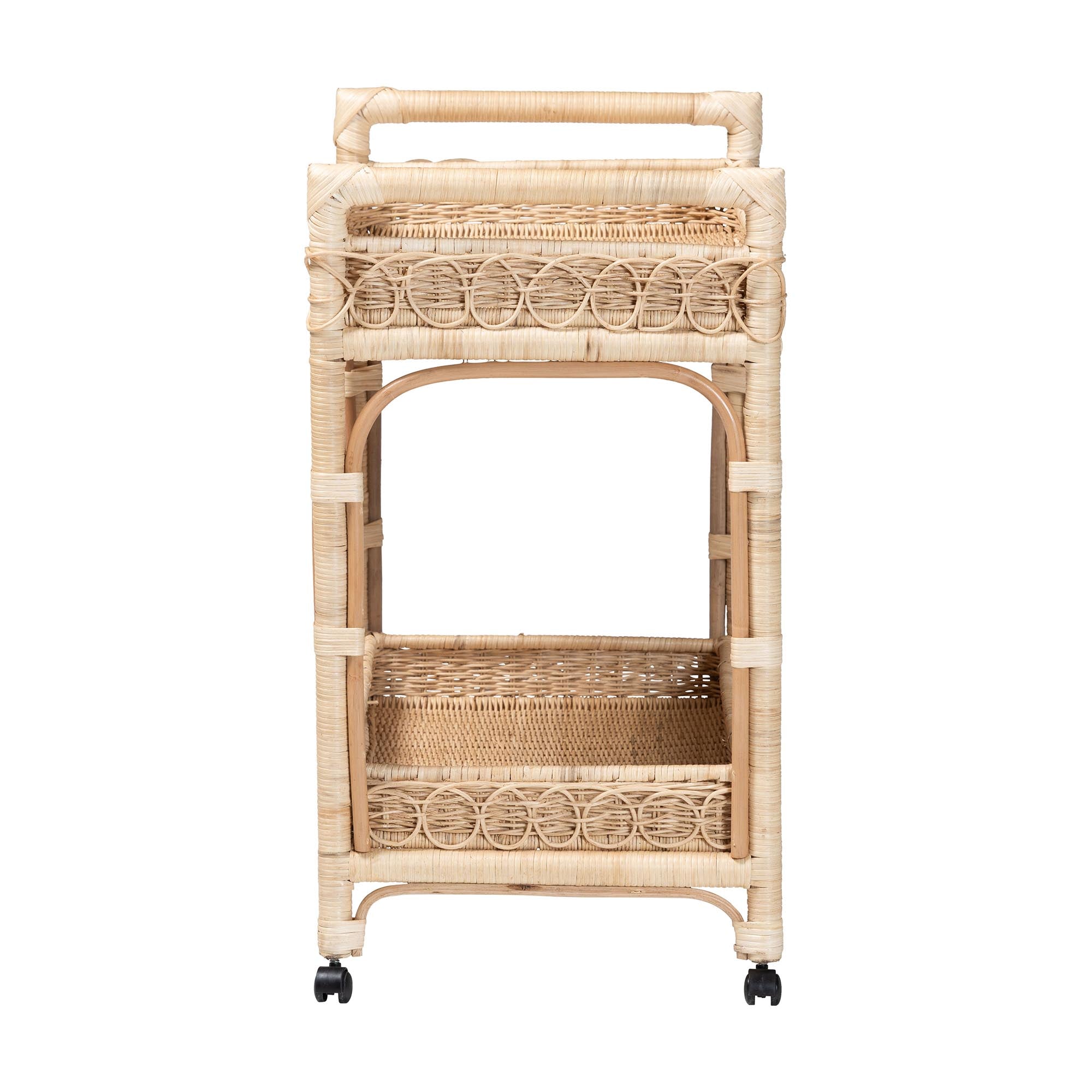 bali & pari Carole Natural Rattan Kitchen Cart - 2-Tier Handwoven Wicker Storage Trolley with Raised Borders for Kitchen or Lounge