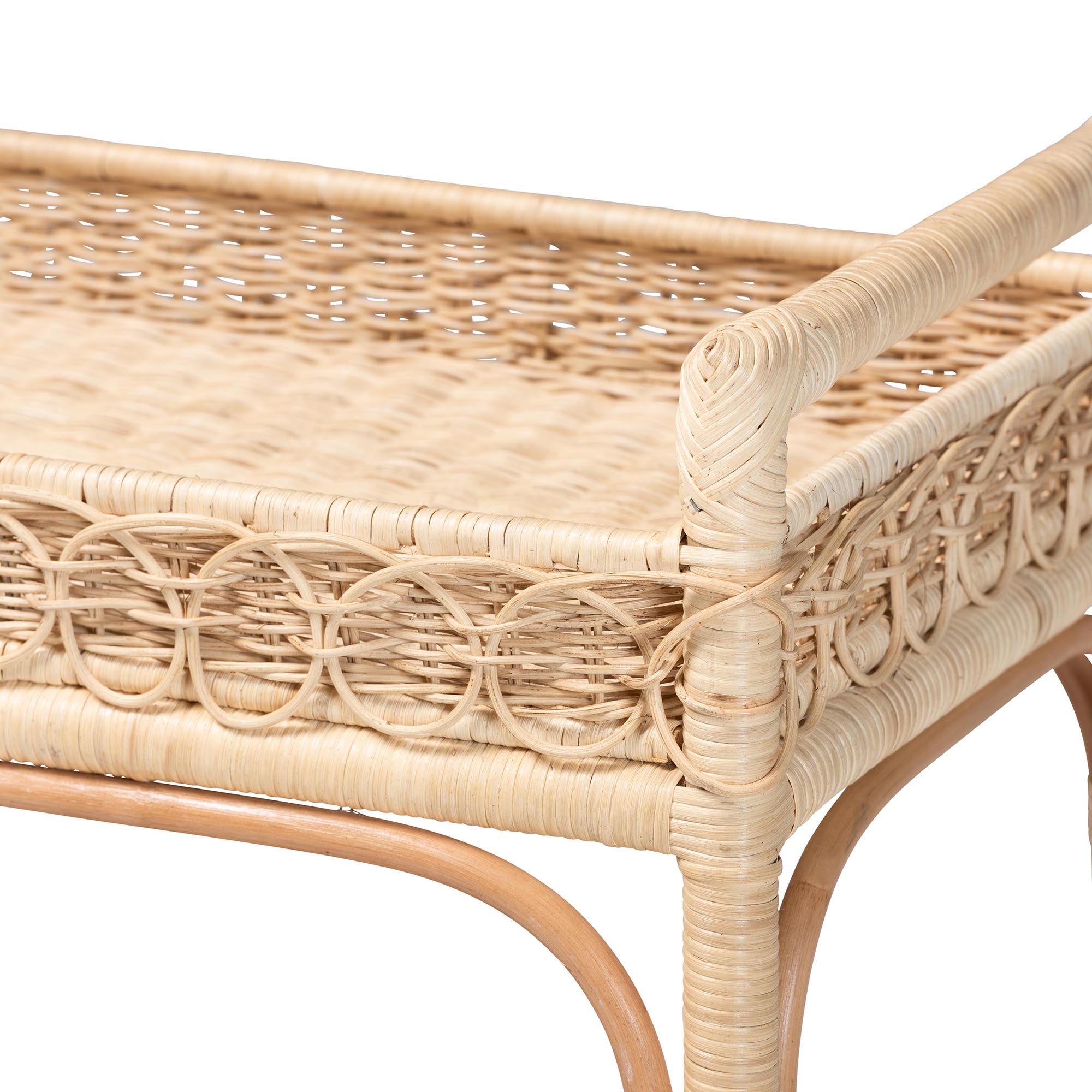 bali & pari Carole Natural Rattan Kitchen Cart - 2-Tier Handwoven Wicker Storage Trolley with Raised Borders for Kitchen or Lounge