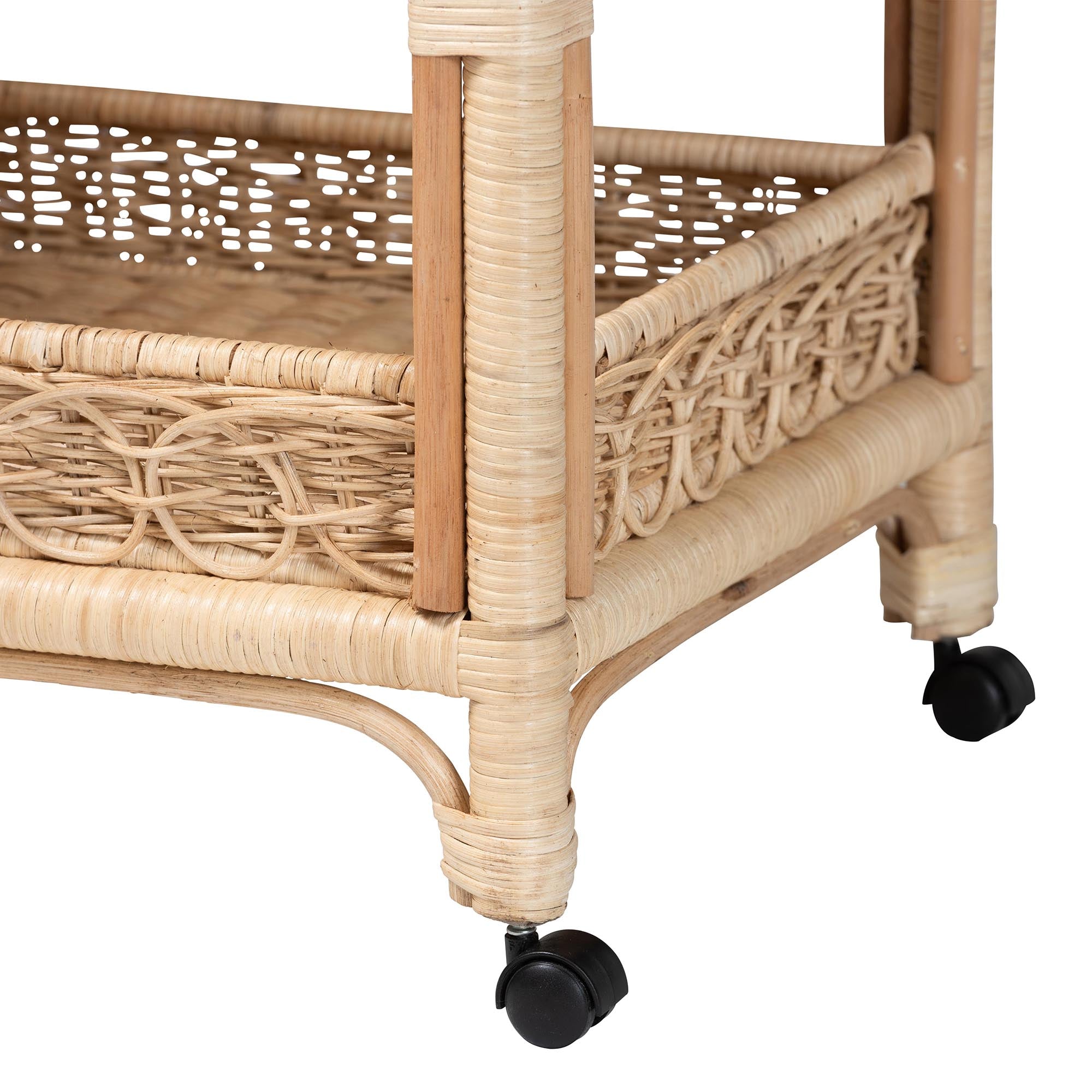 bali & pari Carole Natural Rattan Kitchen Cart - 2-Tier Handwoven Wicker Storage Trolley with Raised Borders for Kitchen or Lounge