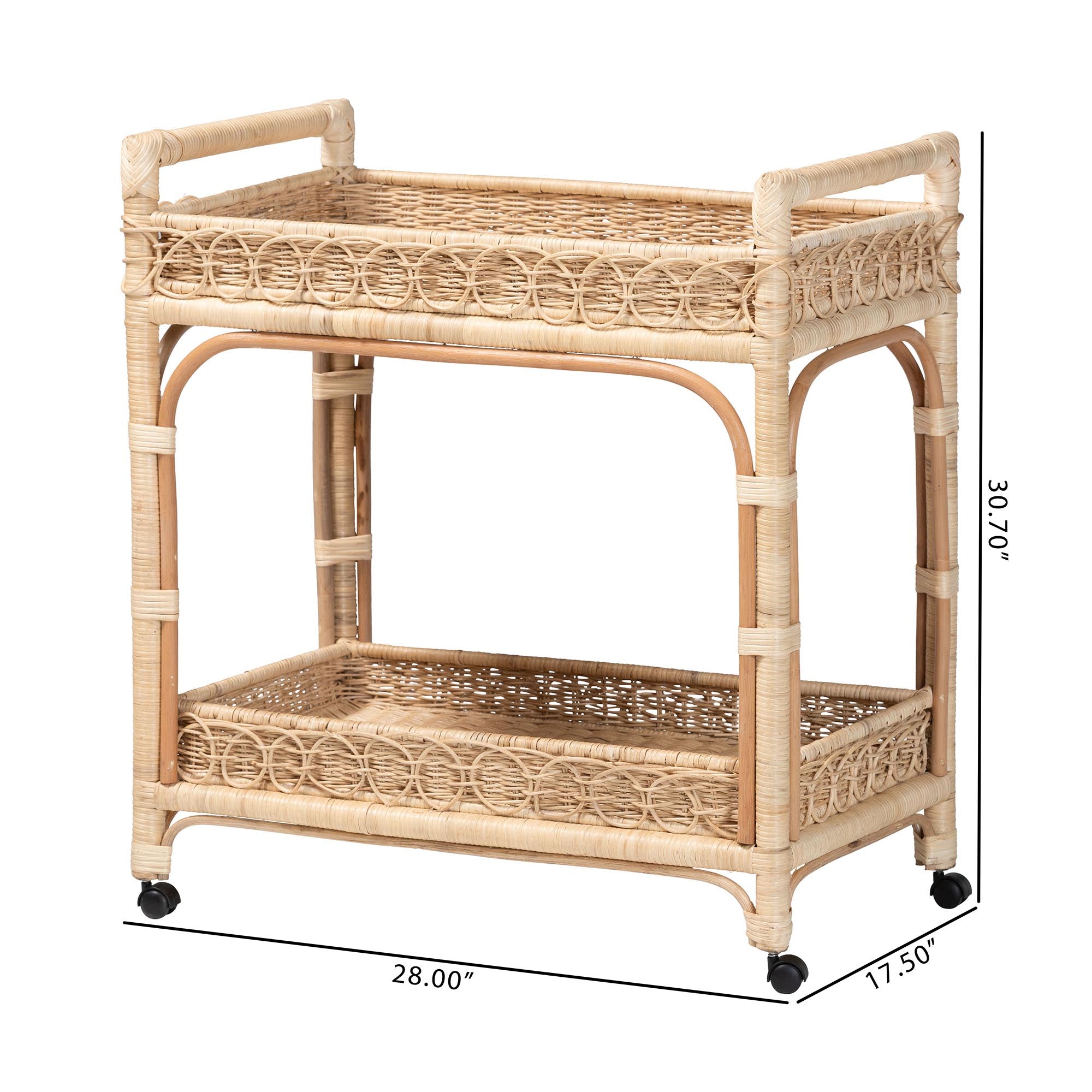 bali & pari Carole Natural Rattan Kitchen Cart - 2-Tier Handwoven Wicker Storage Trolley with Raised Borders for Kitchen or Lounge