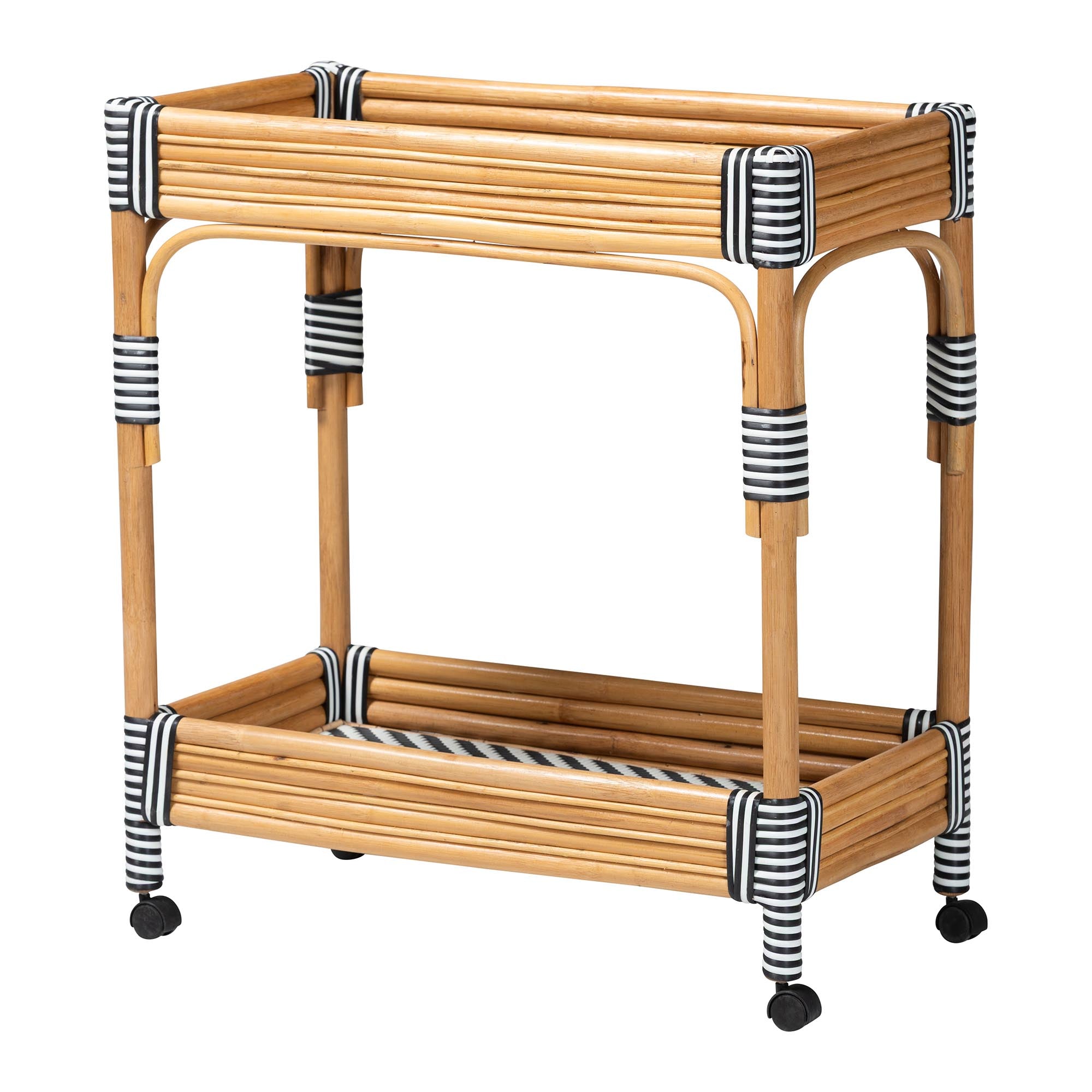 bali & pari Carmine Natural Rattan Kitchen Cart - 2-Tier Handwoven Wicker Storage Trolley with Raised Borders for Kitchen or Lounge