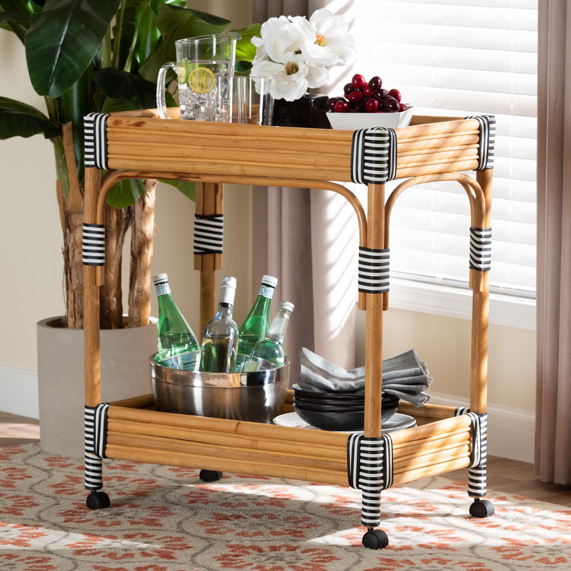 bali & pari Carmine Natural Rattan Kitchen Cart - 2-Tier Handwoven Wicker Storage Trolley with Raised Borders for Kitchen or Lounge