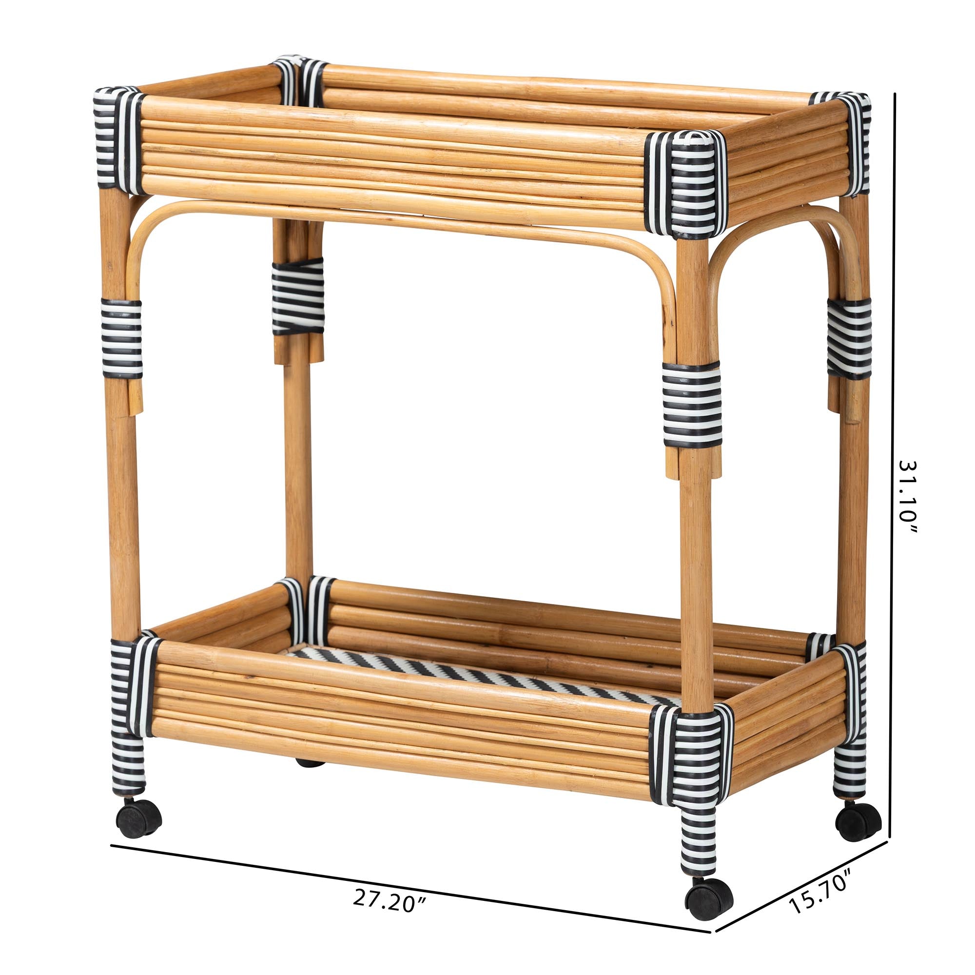 bali & pari Carmine Natural Rattan Kitchen Cart - 2-Tier Handwoven Wicker Storage Trolley with Raised Borders for Kitchen or Lounge