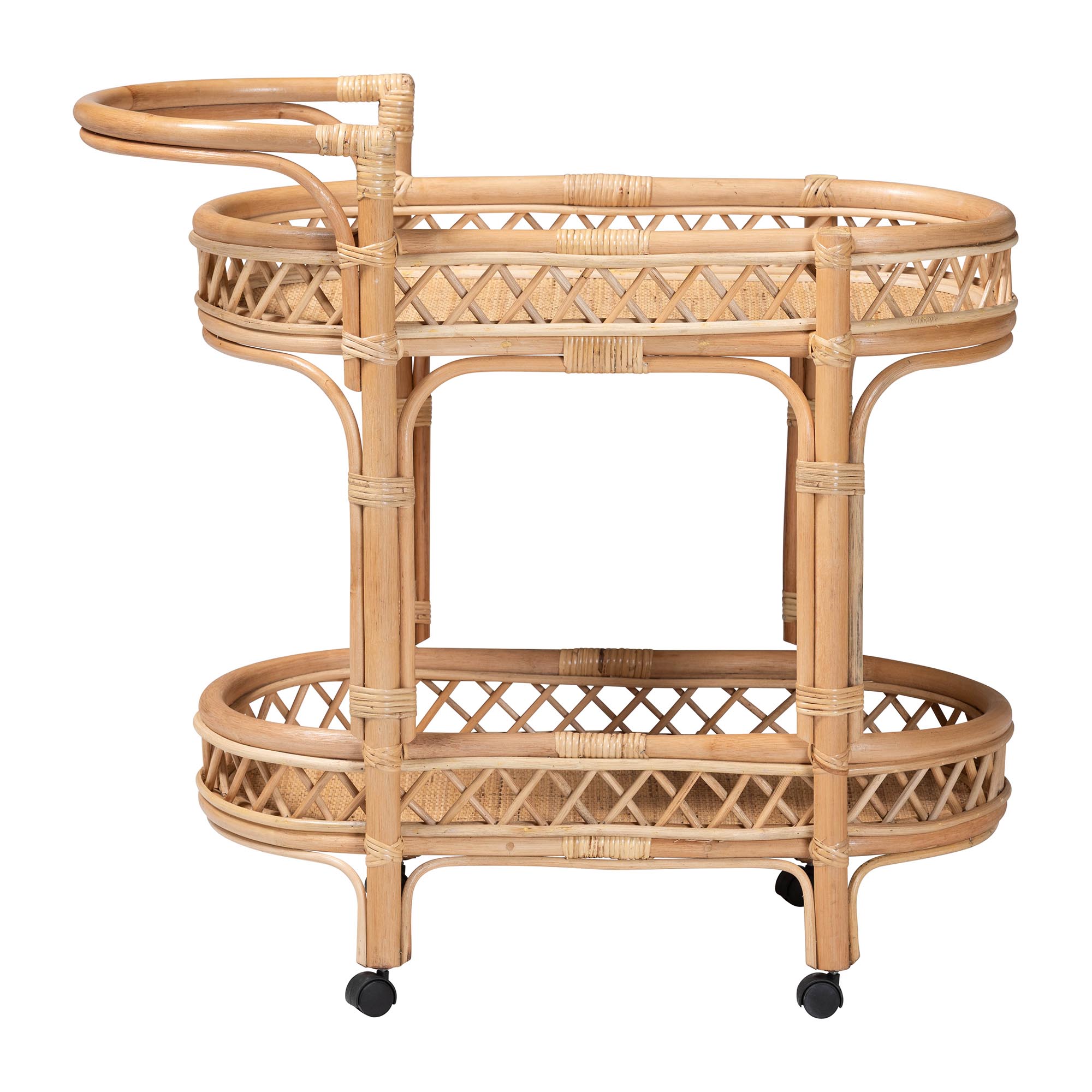 bali & pari Raul Natural Rattan Kitchen Cart - 2-Tier Handwoven Wicker Storage Trolley with Handle for Kitchen or Lounge