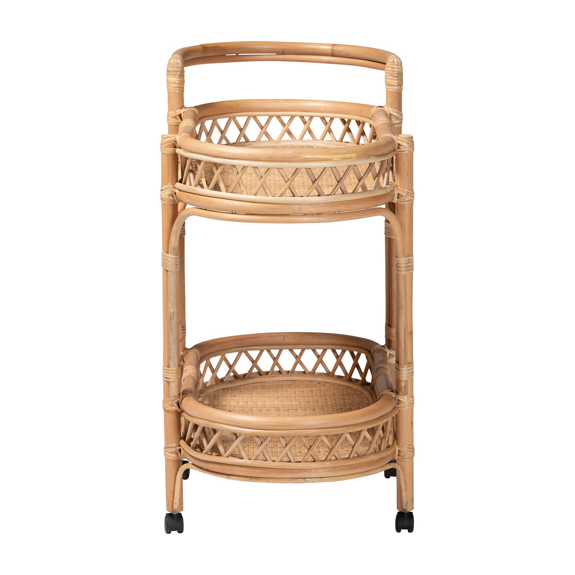 bali & pari Raul Natural Rattan Kitchen Cart - 2-Tier Handwoven Wicker Storage Trolley with Handle for Kitchen or Lounge