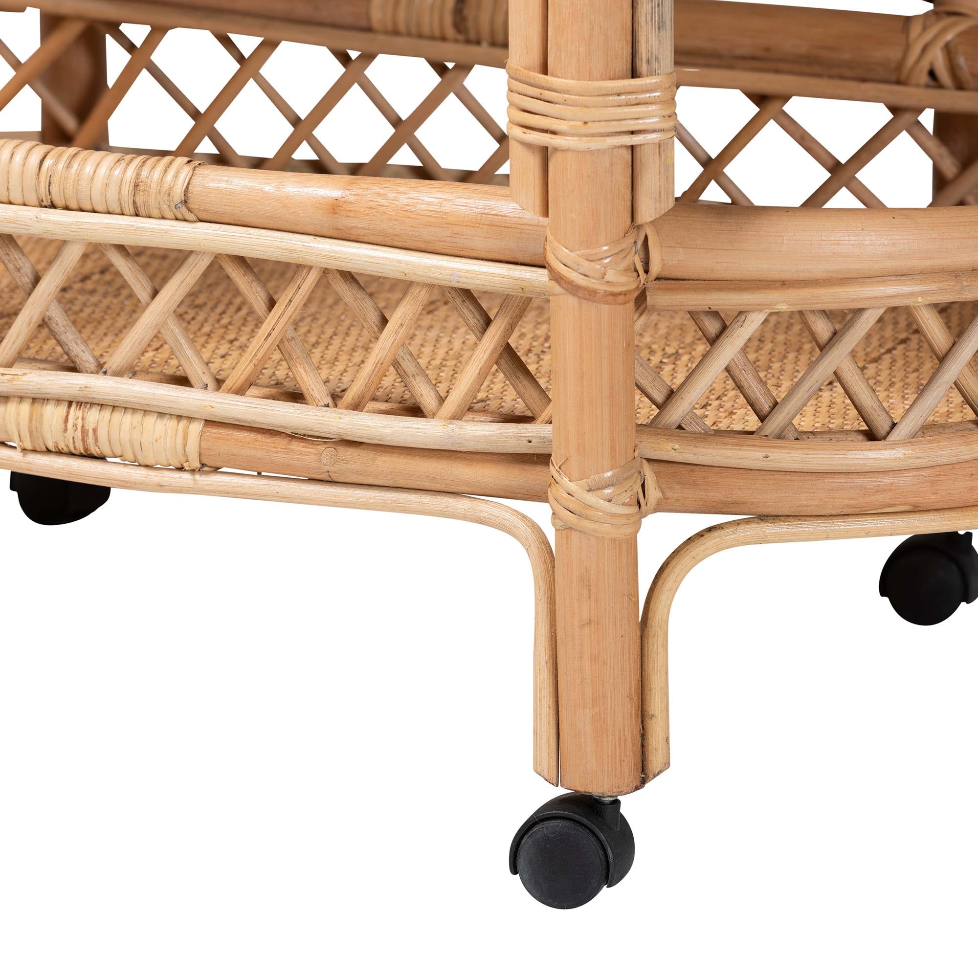 bali & pari Raul Natural Rattan Kitchen Cart - 2-Tier Handwoven Wicker Storage Trolley with Handle for Kitchen or Lounge