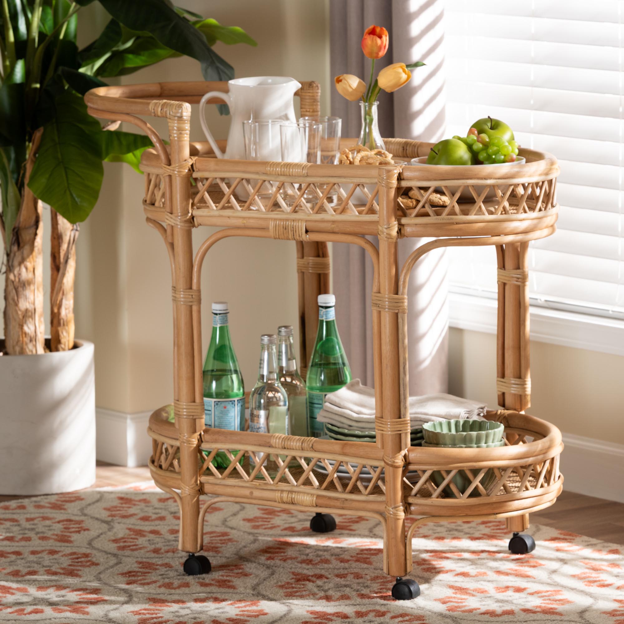 bali & pari Raul Natural Rattan Kitchen Cart - 2-Tier Handwoven Wicker Storage Trolley with Handle for Kitchen or Lounge