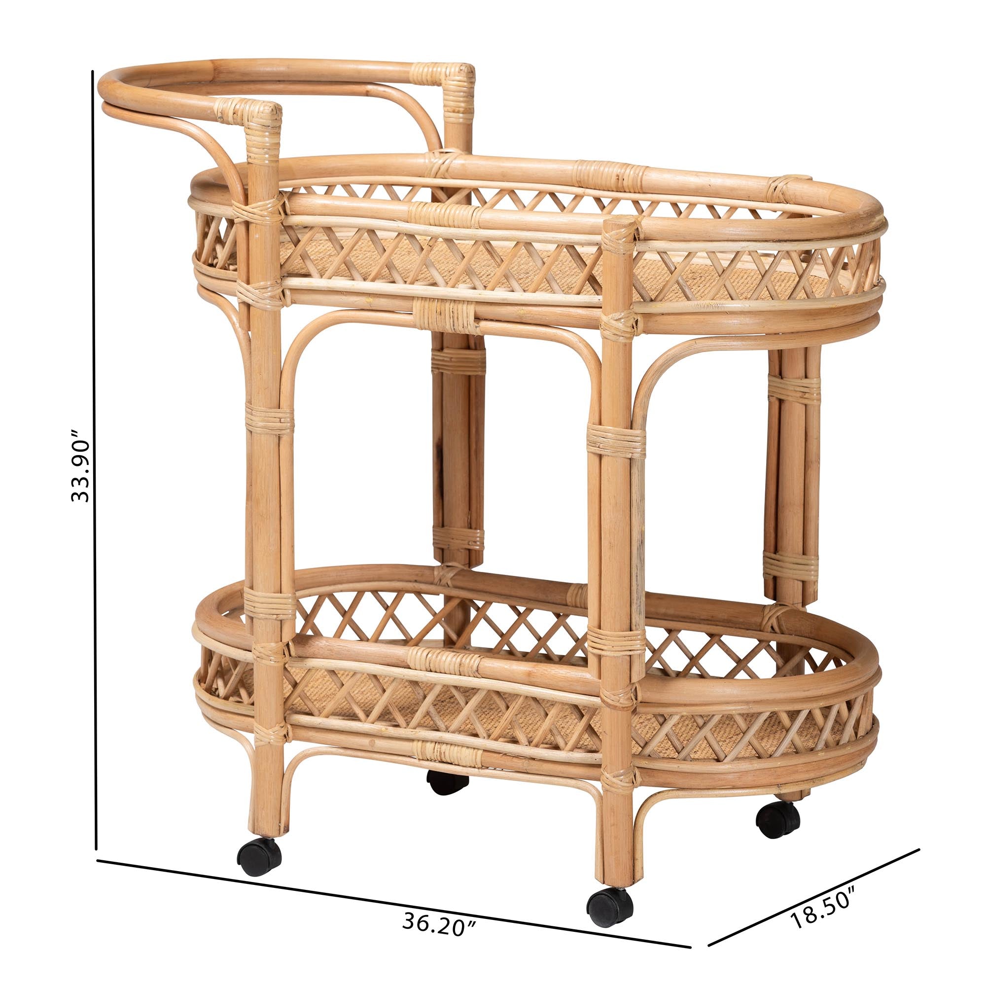 bali & pari Raul Natural Rattan Kitchen Cart - 2-Tier Handwoven Wicker Storage Trolley with Handle for Kitchen or Lounge