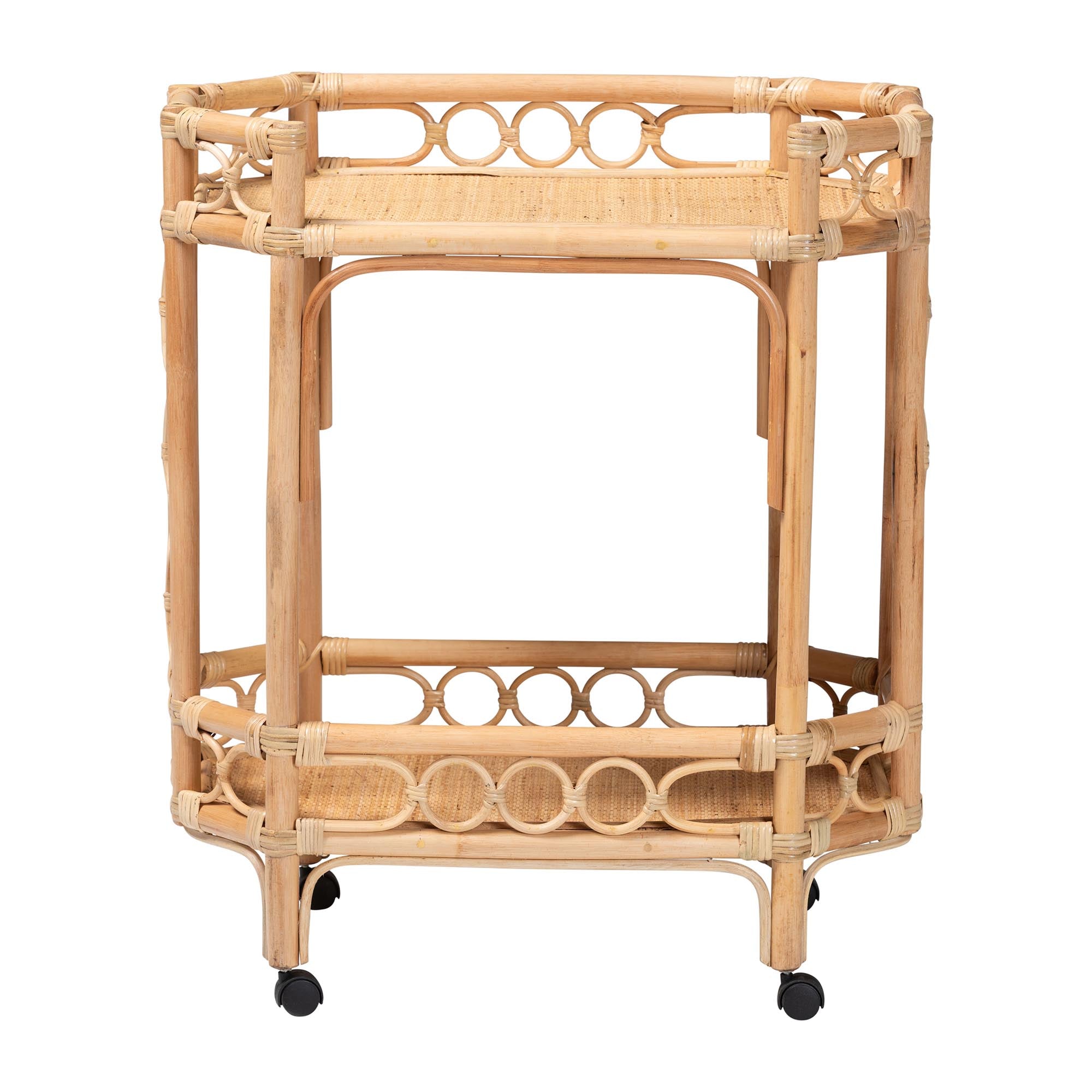 bali & pari Rene Natural Rattan Kitchen Cart - 2-Tier Handwoven Wicker Storage Trolley with Handle for Kitchen or Lounge
