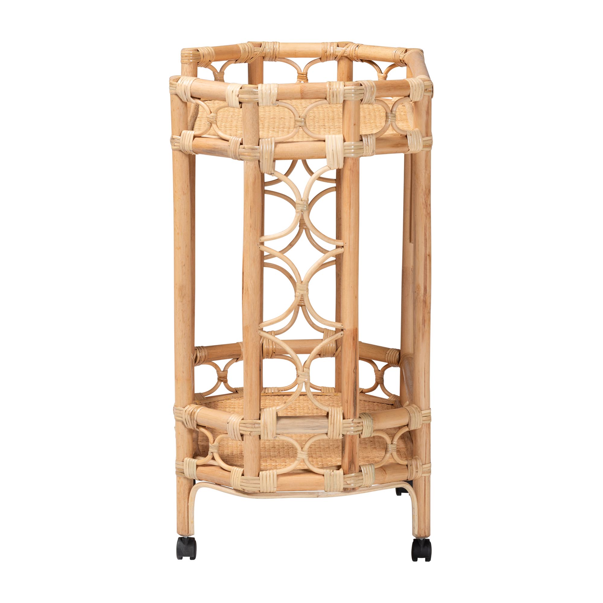 bali & pari Rene Natural Rattan Kitchen Cart - 2-Tier Handwoven Wicker Storage Trolley with Handle for Kitchen or Lounge
