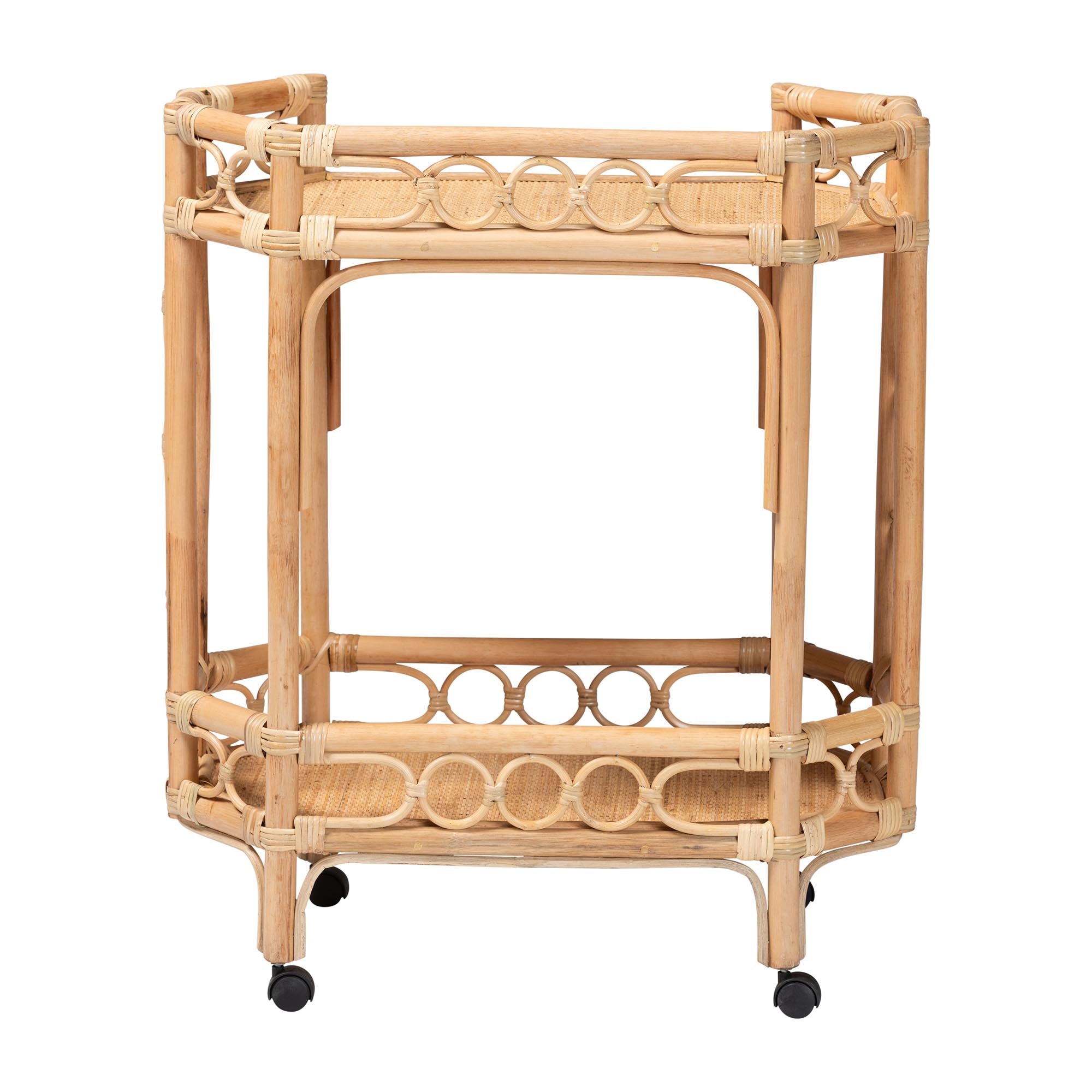 bali & pari Rene Natural Rattan Kitchen Cart - 2-Tier Handwoven Wicker Storage Trolley with Handle for Kitchen or Lounge