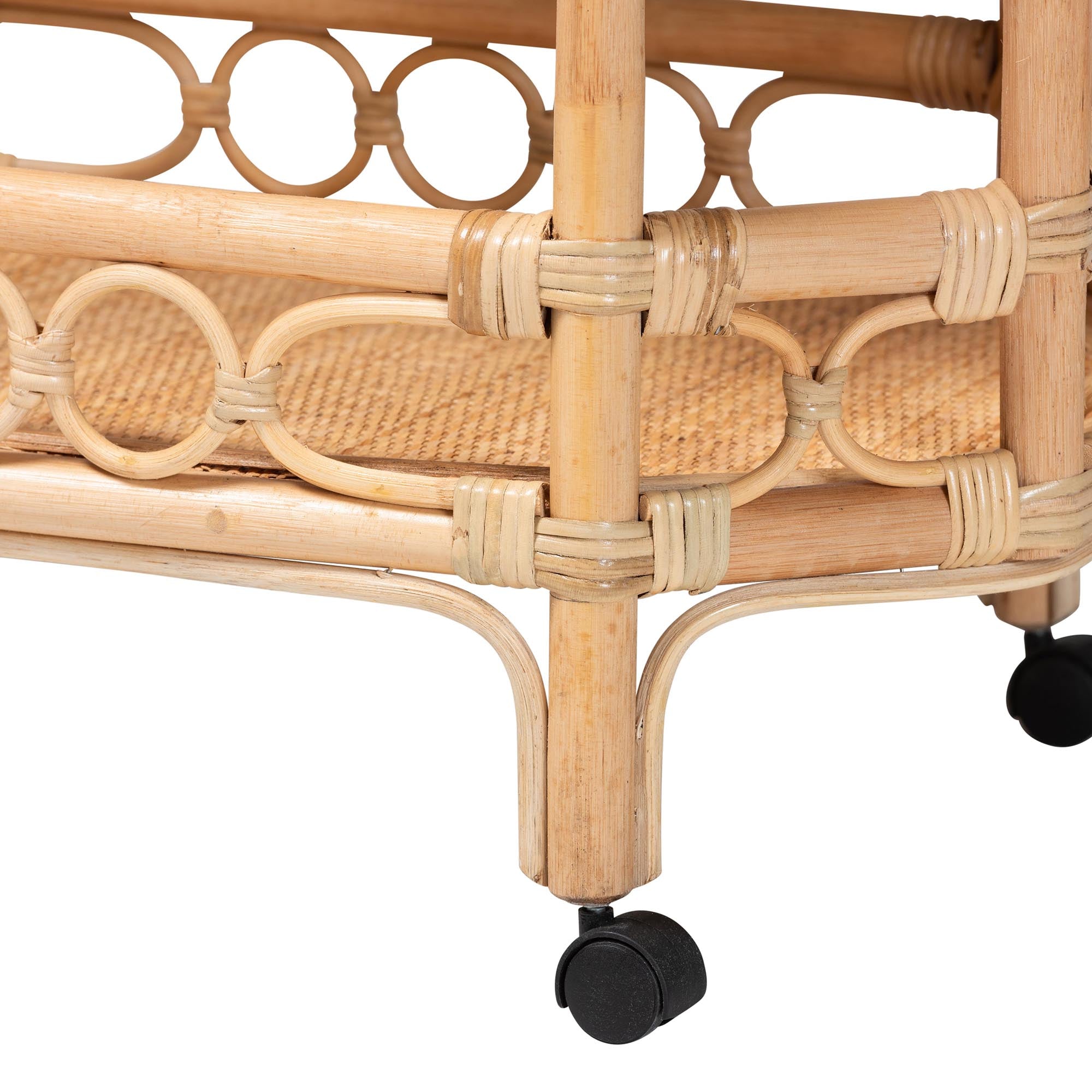 bali & pari Rene Natural Rattan Kitchen Cart - 2-Tier Handwoven Wicker Storage Trolley with Handle for Kitchen or Lounge