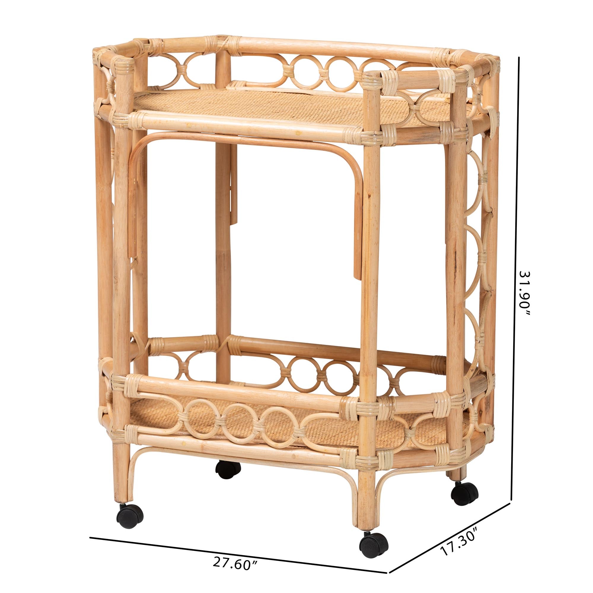 bali & pari Rene Natural Rattan Kitchen Cart - 2-Tier Handwoven Wicker Storage Trolley with Handle for Kitchen or Lounge