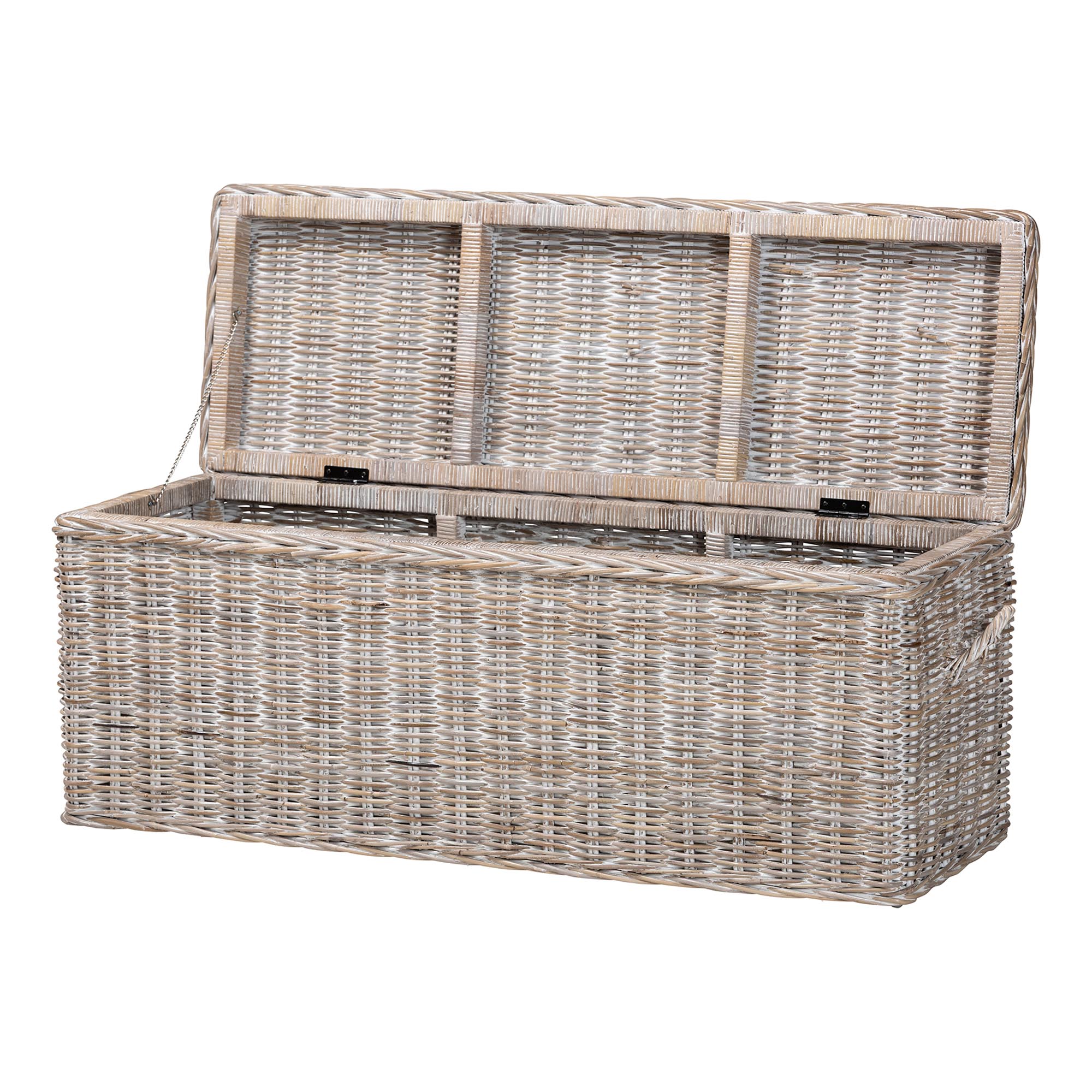 bali & pari Clarette Whitewashed Rattan Storage Bench - Handwoven Wicker Storage Trunk with Lift-Top Lid, Boho Coastal Seating for Living Room, Bedroom, or Entryway