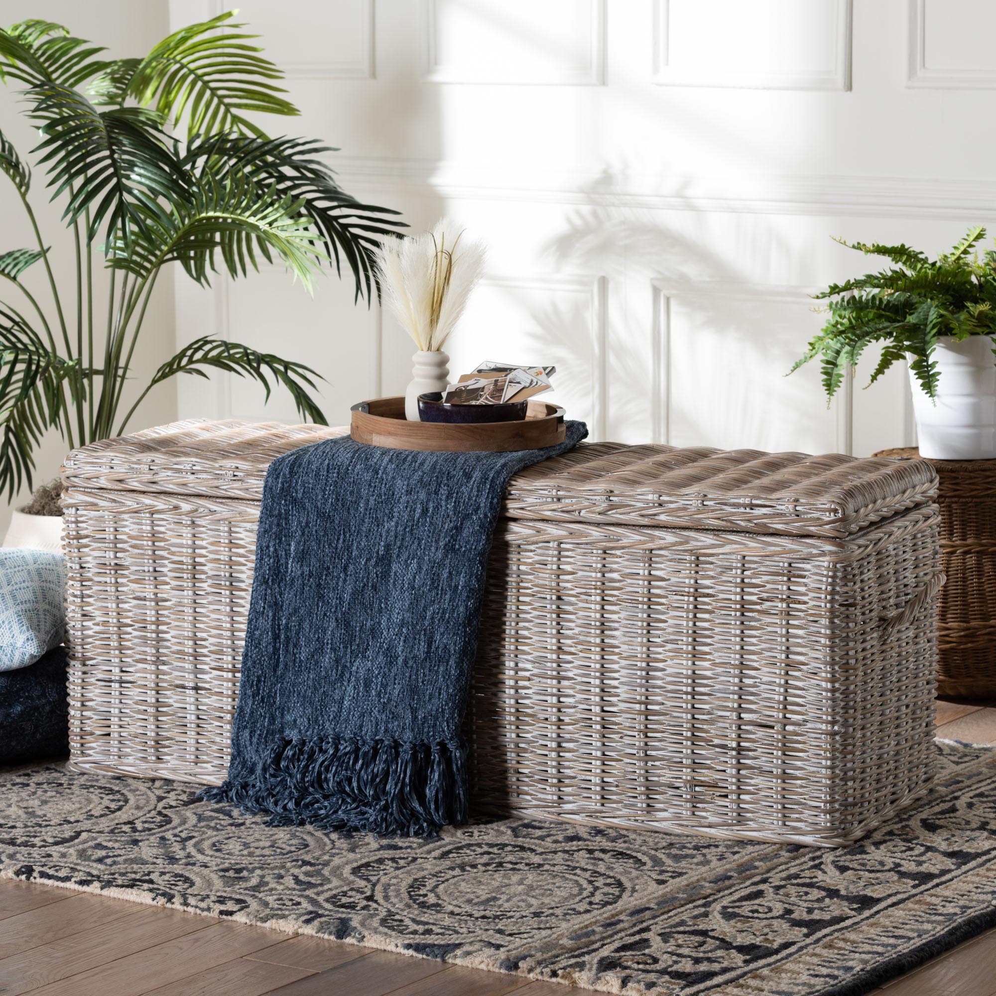 bali & pari Clarette Whitewashed Rattan Storage Bench - Handwoven Wicker Storage Trunk with Lift-Top Lid, Boho Coastal Seating for Living Room, Bedroom, or Entryway