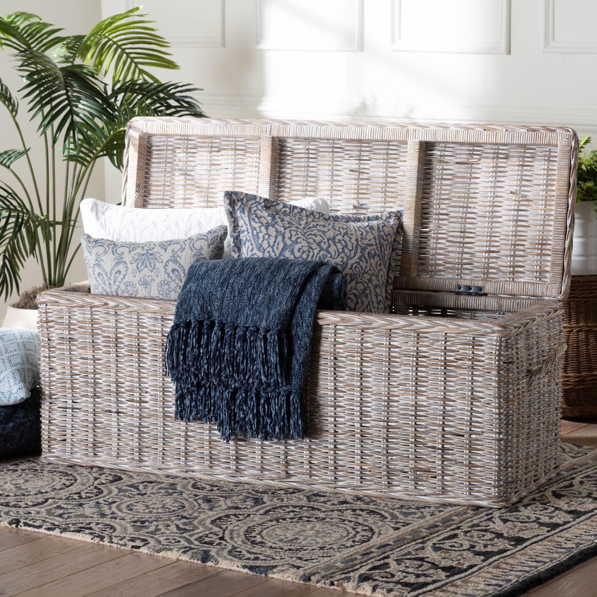 bali & pari Clarette Whitewashed Rattan Storage Bench - Handwoven Wicker Storage Trunk with Lift-Top Lid, Boho Coastal Seating for Living Room, Bedroom, or Entryway