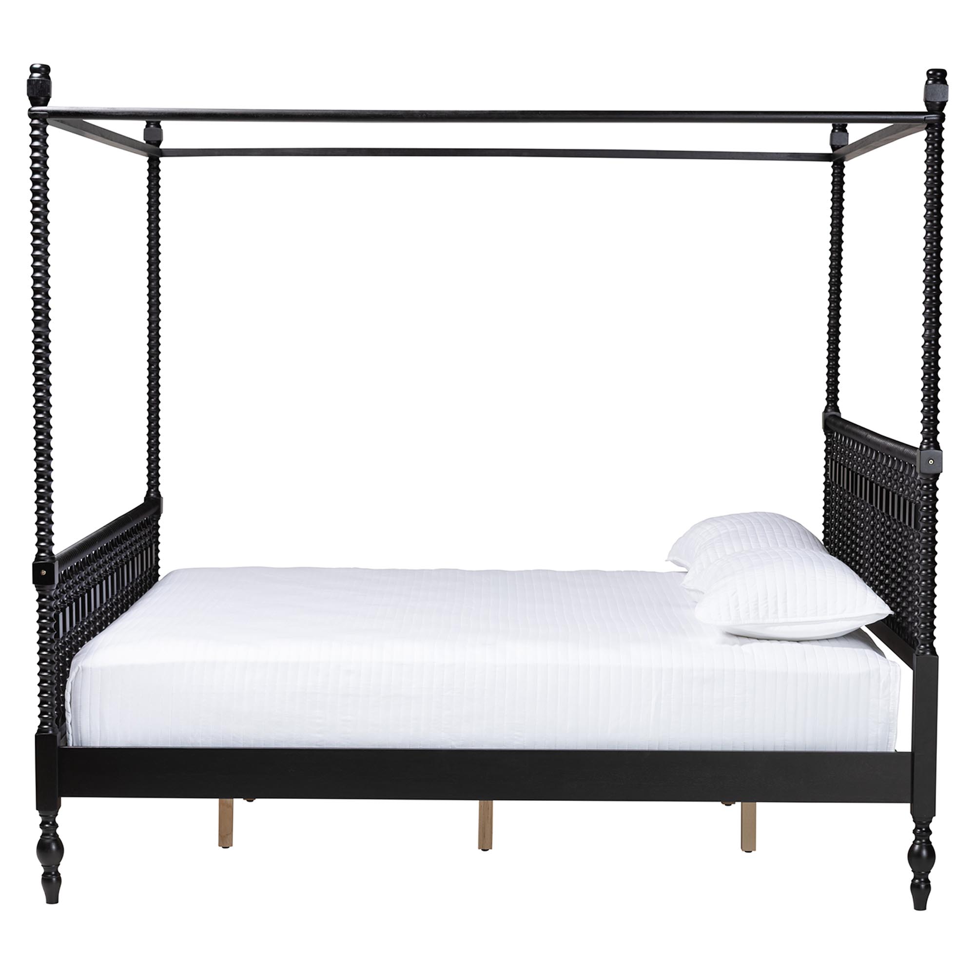 Baxton Studio Callison Spindle Canopy Bed - Turned Farmhouse Bed Frame with Spoked Headboard and Sculpted Legs, Black, King