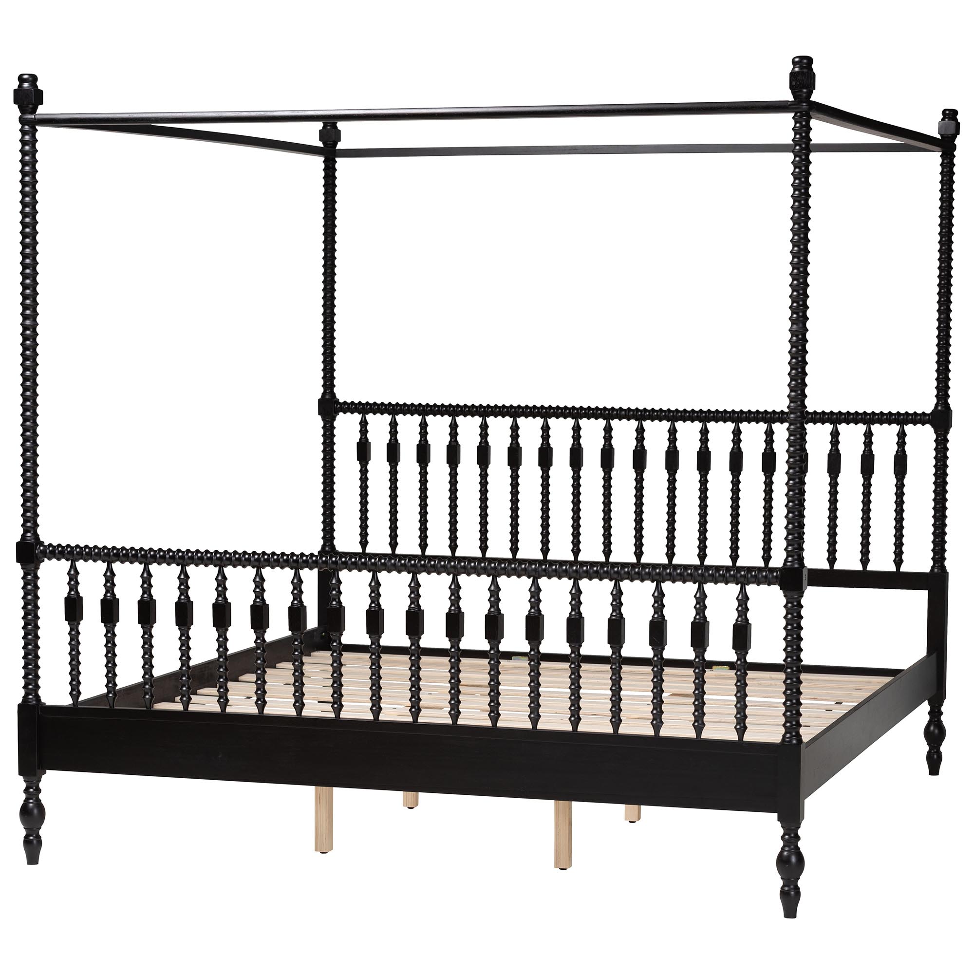 Baxton Studio Callison Spindle Canopy Bed - Turned Farmhouse Bed Frame with Spoked Headboard and Sculpted Legs, Black, King