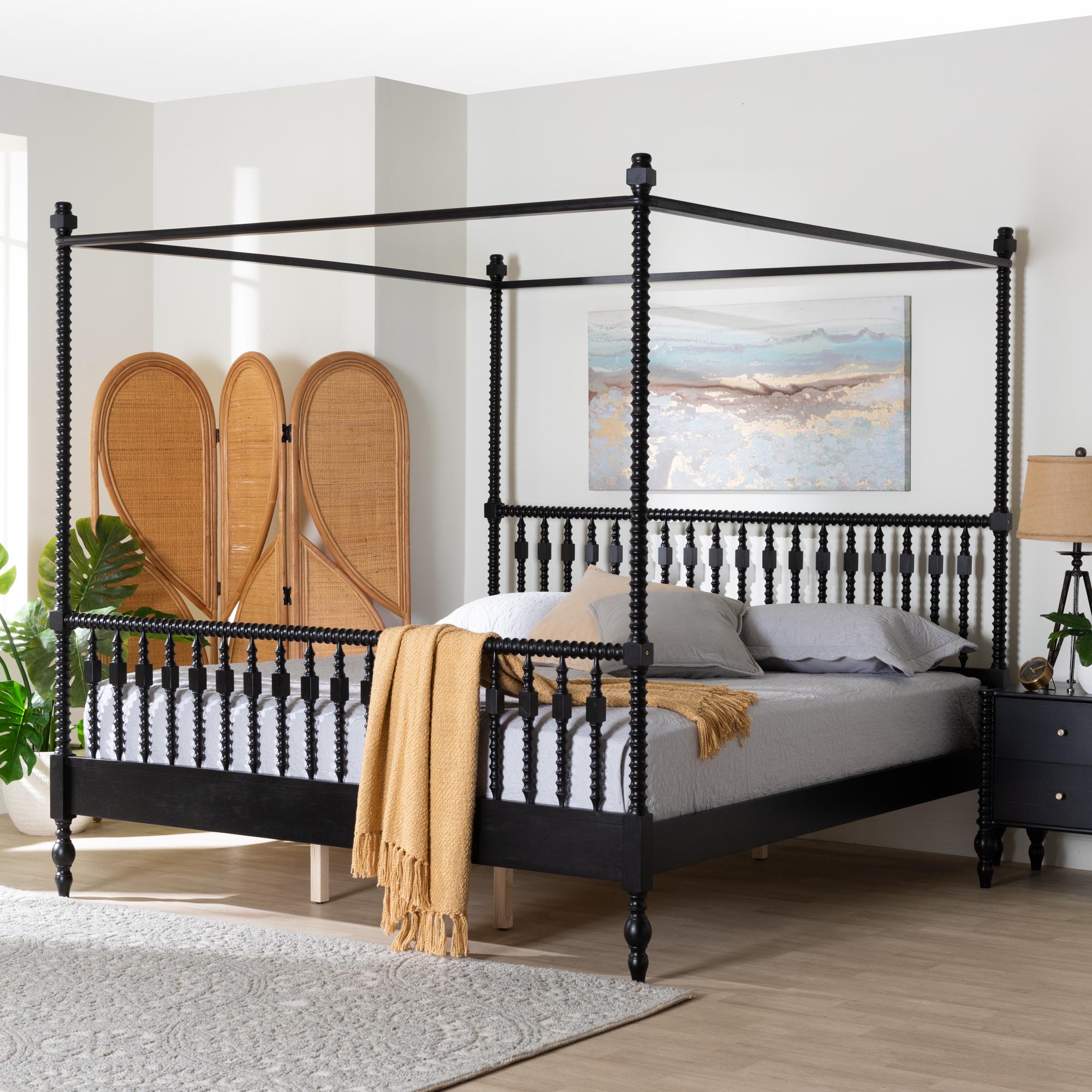 Baxton Studio Callison Spindle Canopy Bed - Turned Farmhouse Bed Frame with Spoked Headboard and Sculpted Legs, Black, King