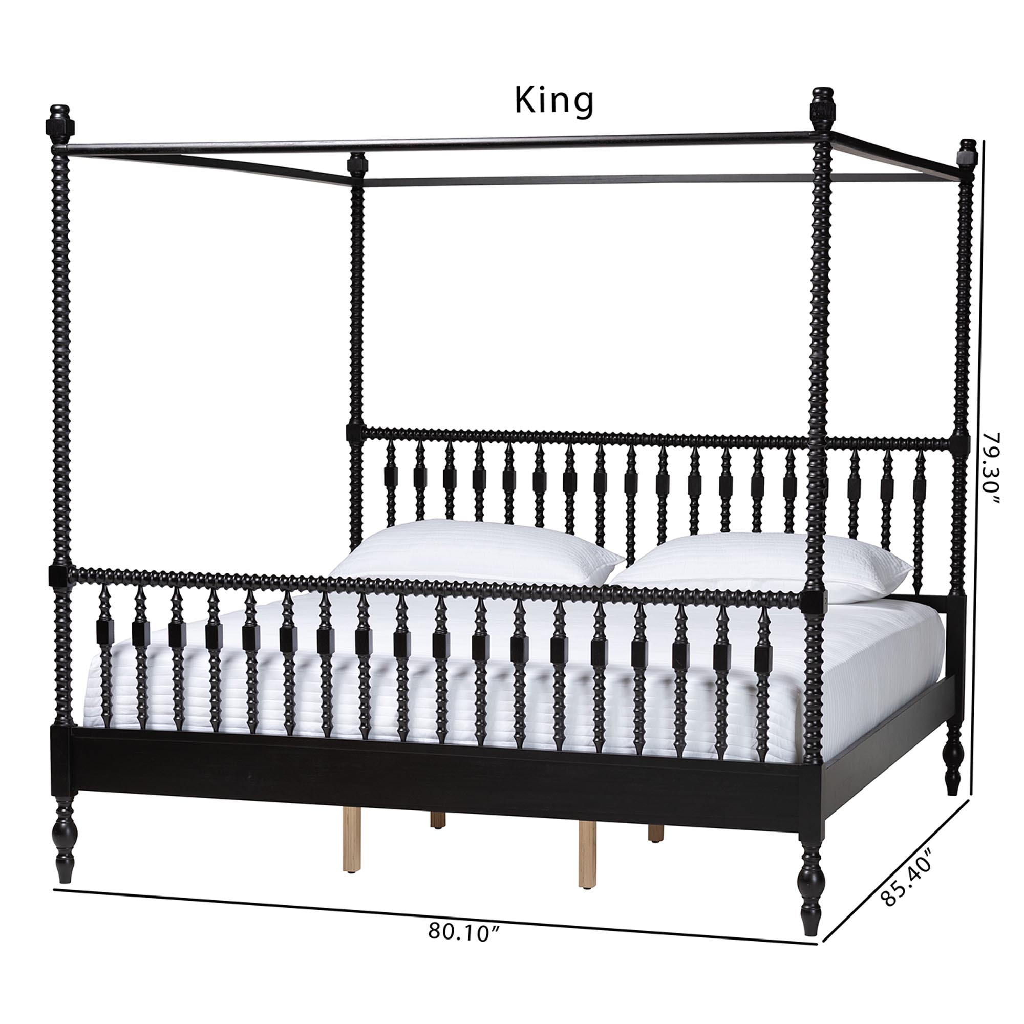 Baxton Studio Callison Spindle Canopy Bed - Turned Farmhouse Bed Frame with Spoked Headboard and Sculpted Legs, Black, King