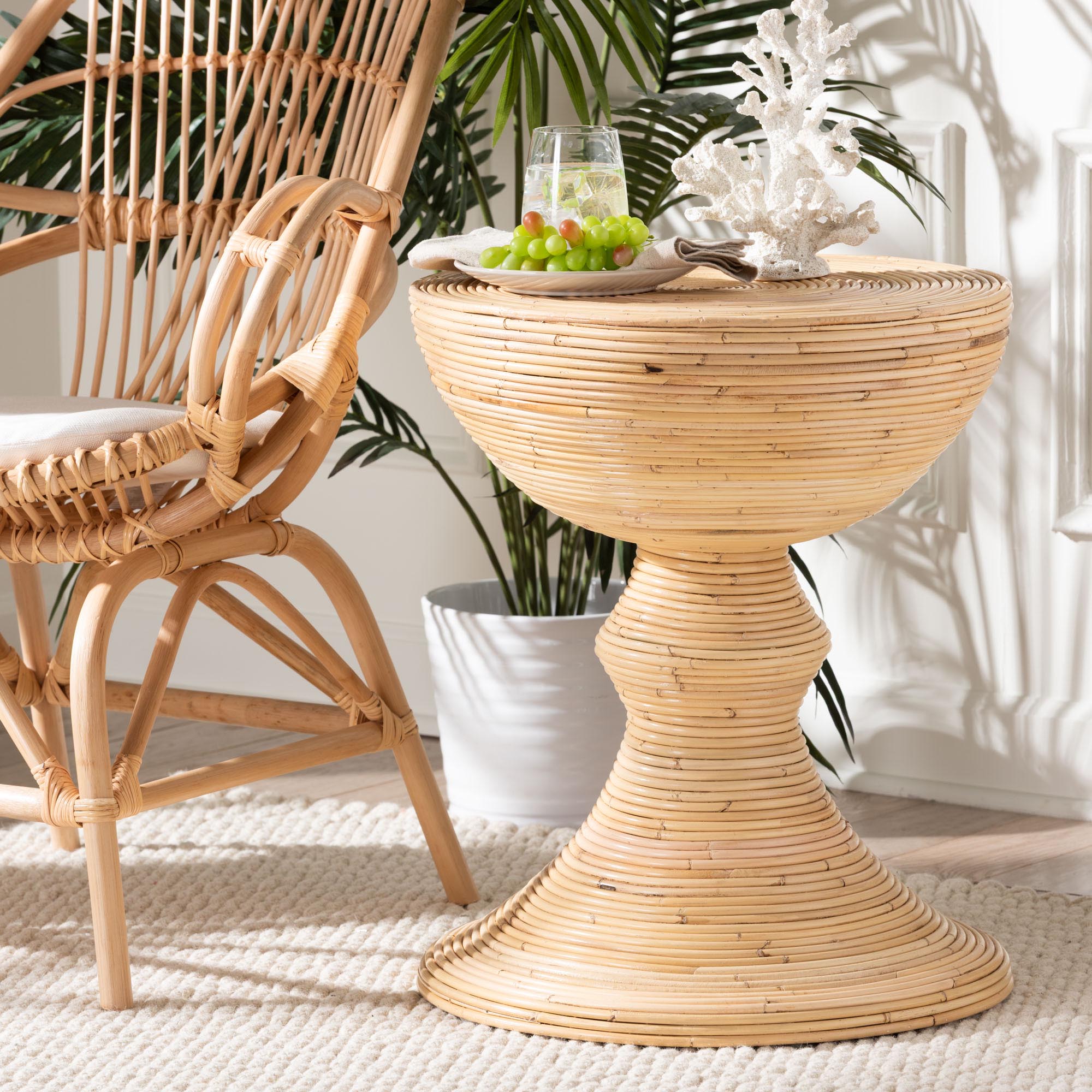 bali & pari Brookwood Natural Rattan End Table : Handcrafted Wicker Sculptural Accent Table with Pedestal Base for Living Room or Sun Room