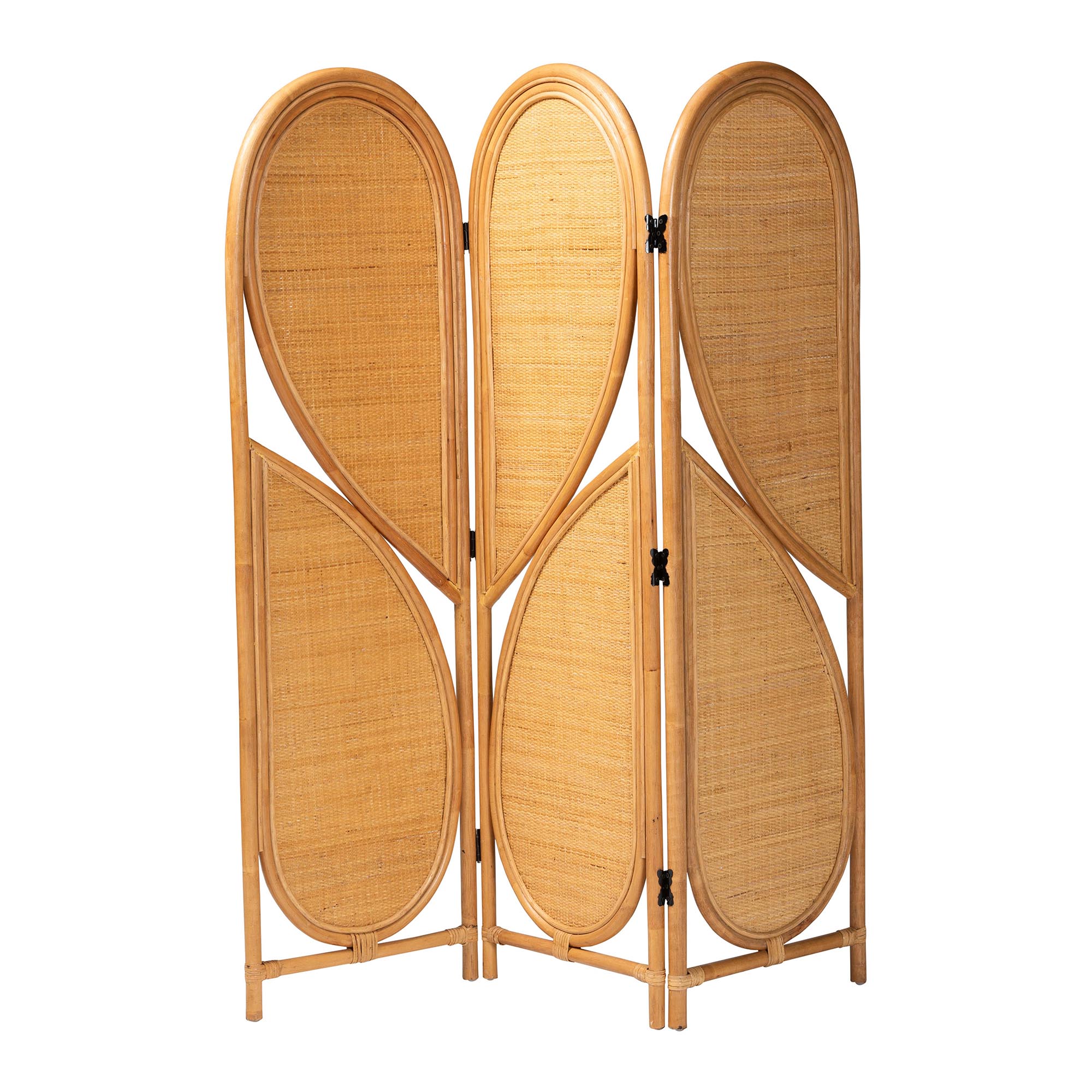 bali & pari Kiyoko Natural Rattan Room Divider - Handwoven Wicker Tri-Fold Decorative Privacy Screen with Woven Leaf Motif