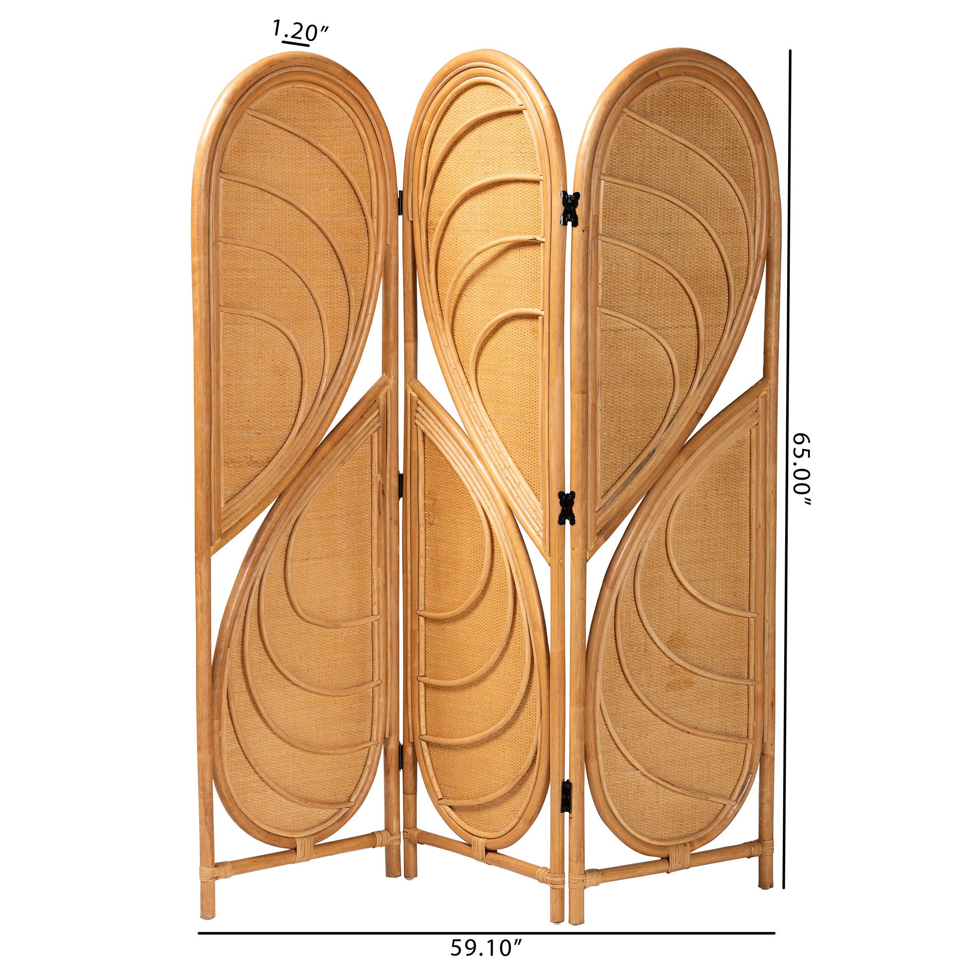 bali & pari Kiyoko Natural Rattan Room Divider - Handwoven Wicker Tri-Fold Decorative Privacy Screen with Woven Leaf Motif