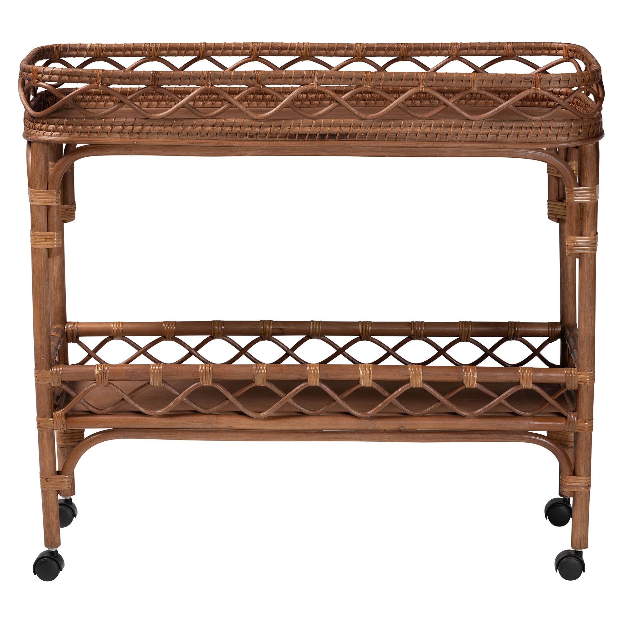 bali & pari Fumiyo Natural Rattan Kitchen Cart - Handwoven Wicker Two-Tier Serving Cart with Raised Openwork Borders and Wheels