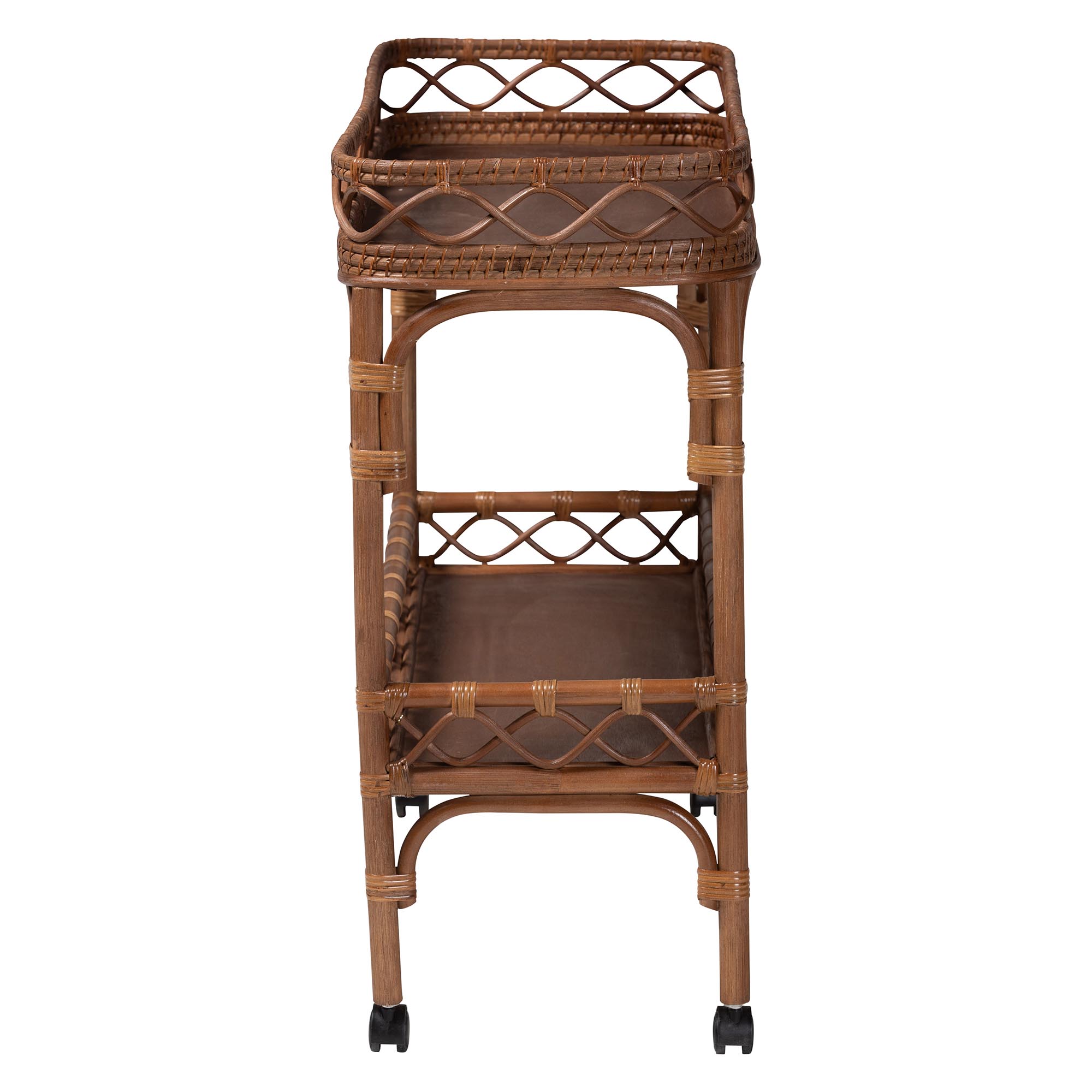 bali & pari Fumiyo Natural Rattan Kitchen Cart - Handwoven Wicker Two-Tier Serving Cart with Raised Openwork Borders and Wheels