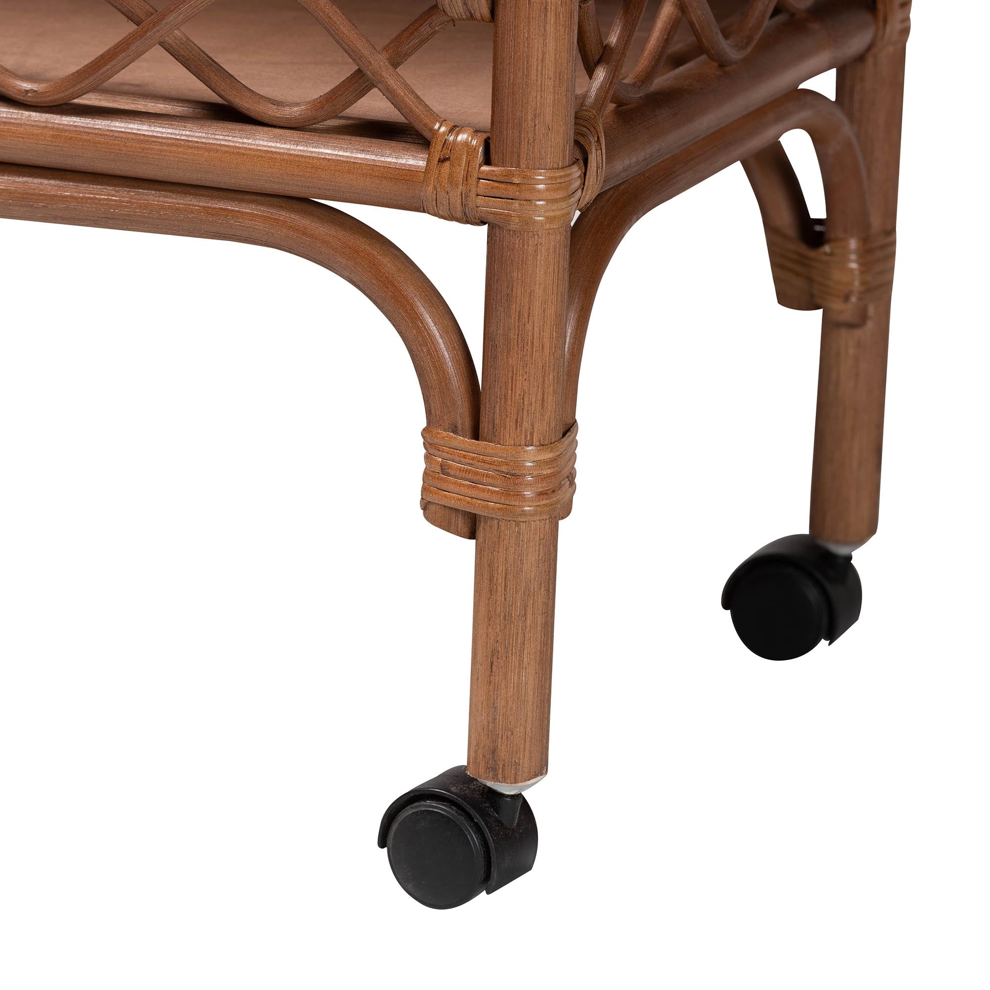 bali & pari Fumiyo Natural Rattan Kitchen Cart - Handwoven Wicker Two-Tier Serving Cart with Raised Openwork Borders and Wheels