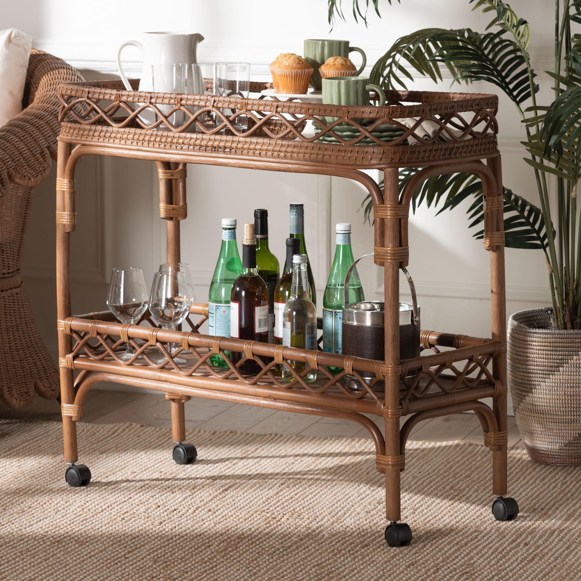 bali & pari Fumiyo Natural Rattan Kitchen Cart - Handwoven Wicker Two-Tier Serving Cart with Raised Openwork Borders and Wheels